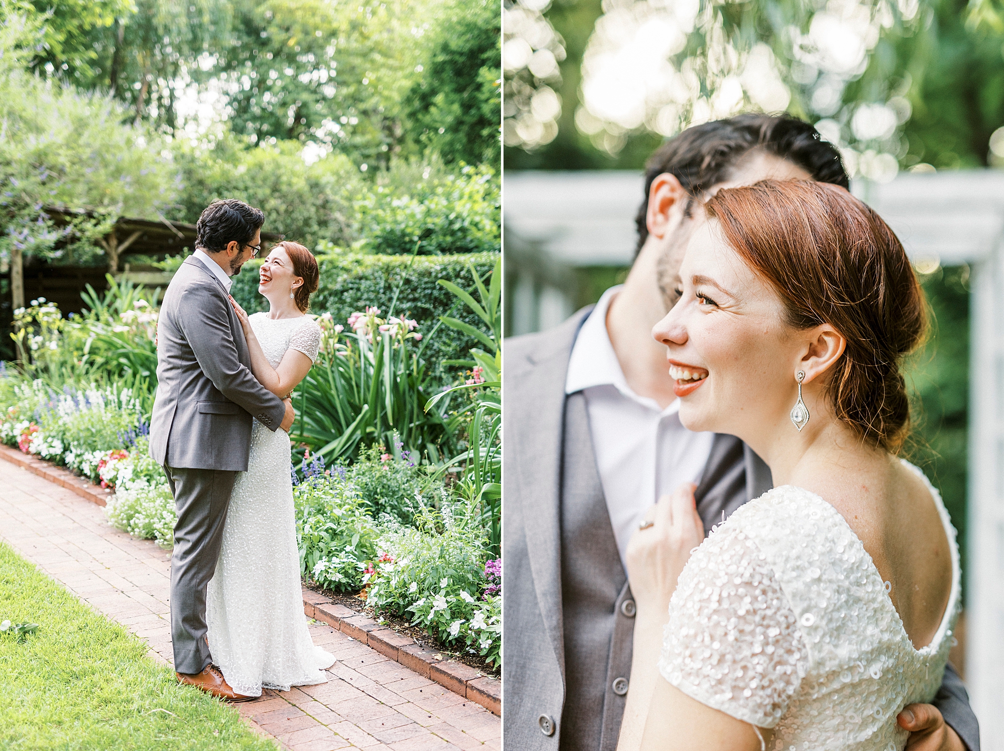 husband and wife laugh together on brick pathway at Wing Haven Garden