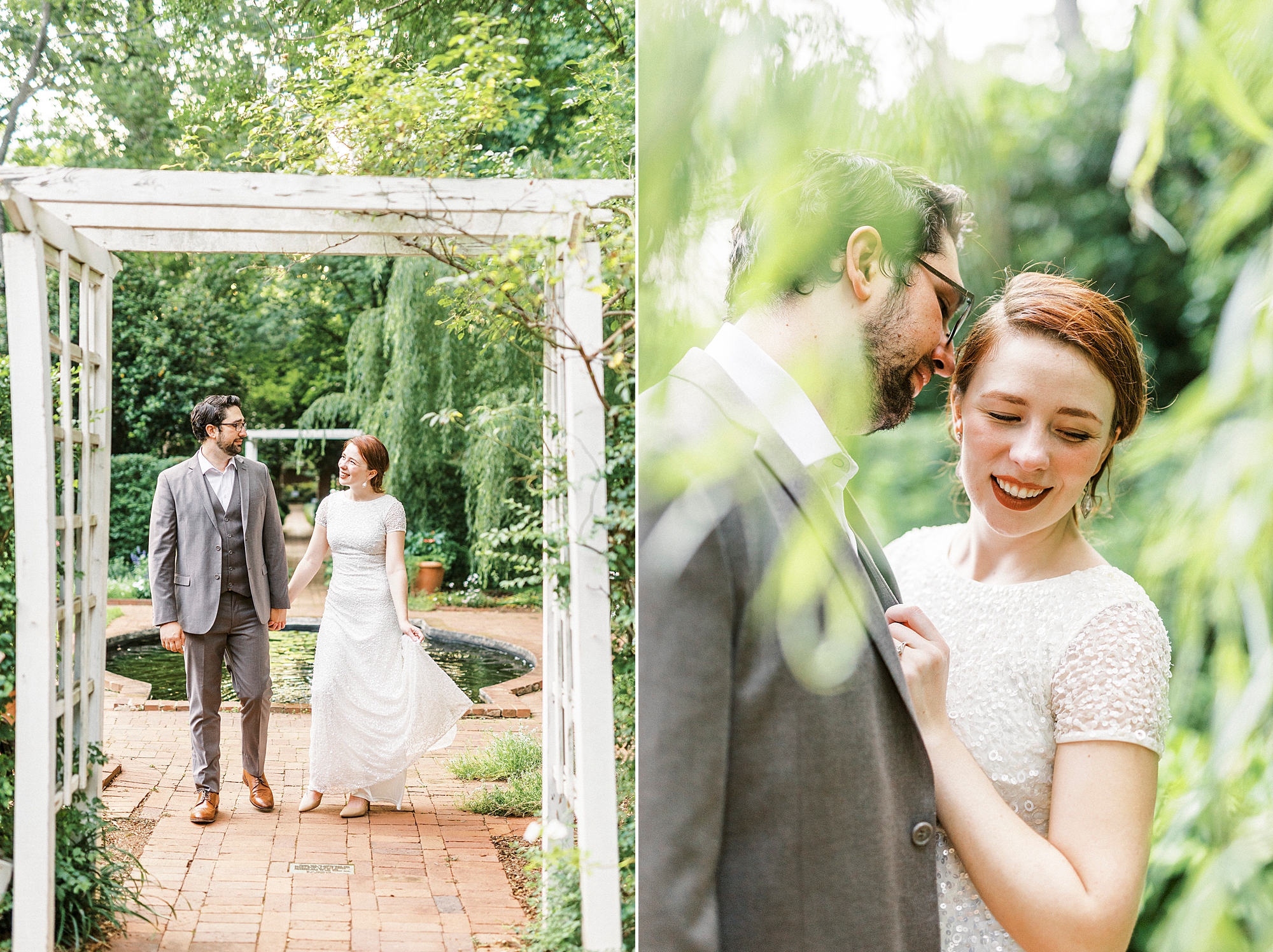 husband and wife hug in weeping willow during Wing Haven Garden anniversary session 