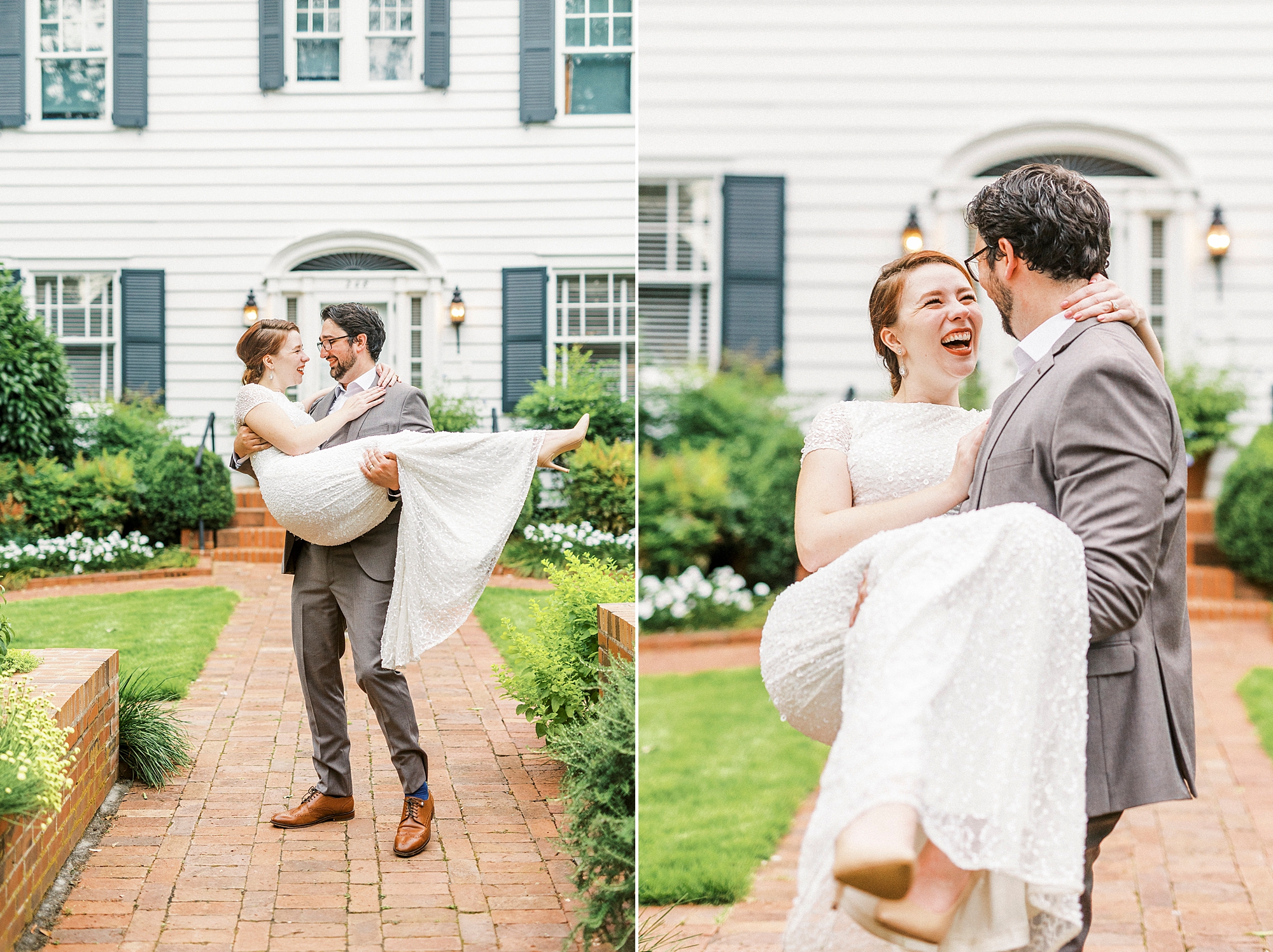 man lifts wife up on walkway outside Wing Haven Garden