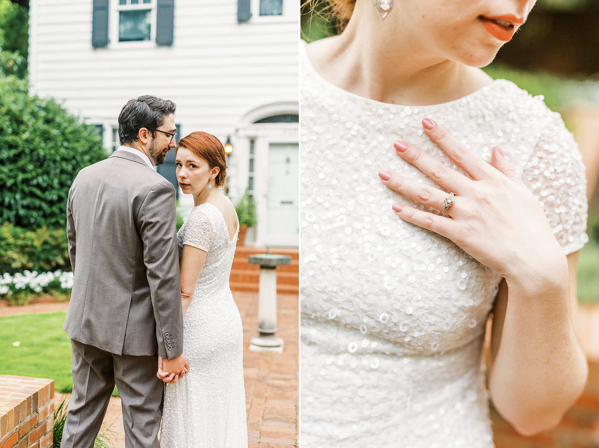 woman shows off wedding rings on beaded bodice of wedding gown