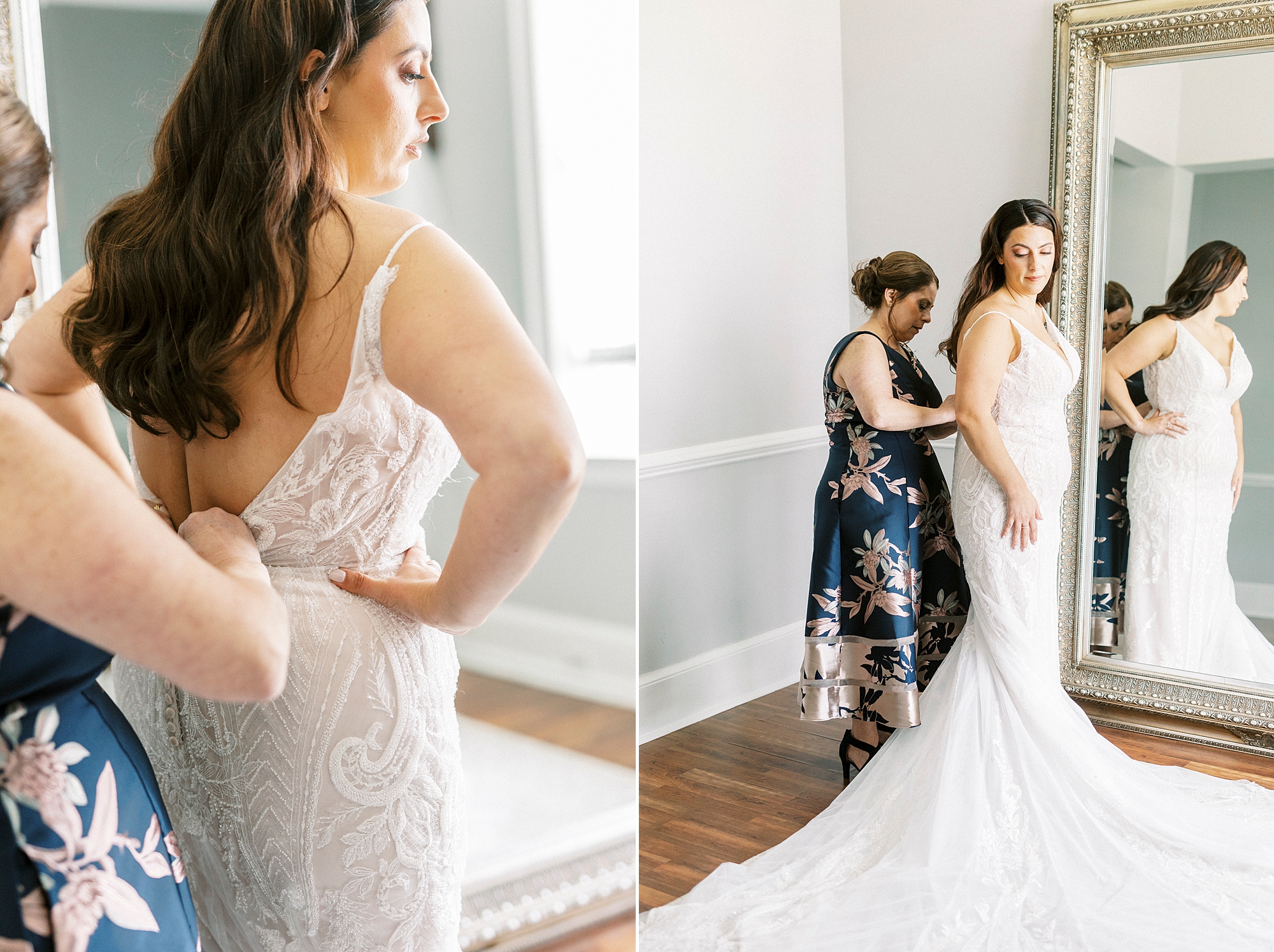 mother helps bride into wedding gown at Separk Mansion