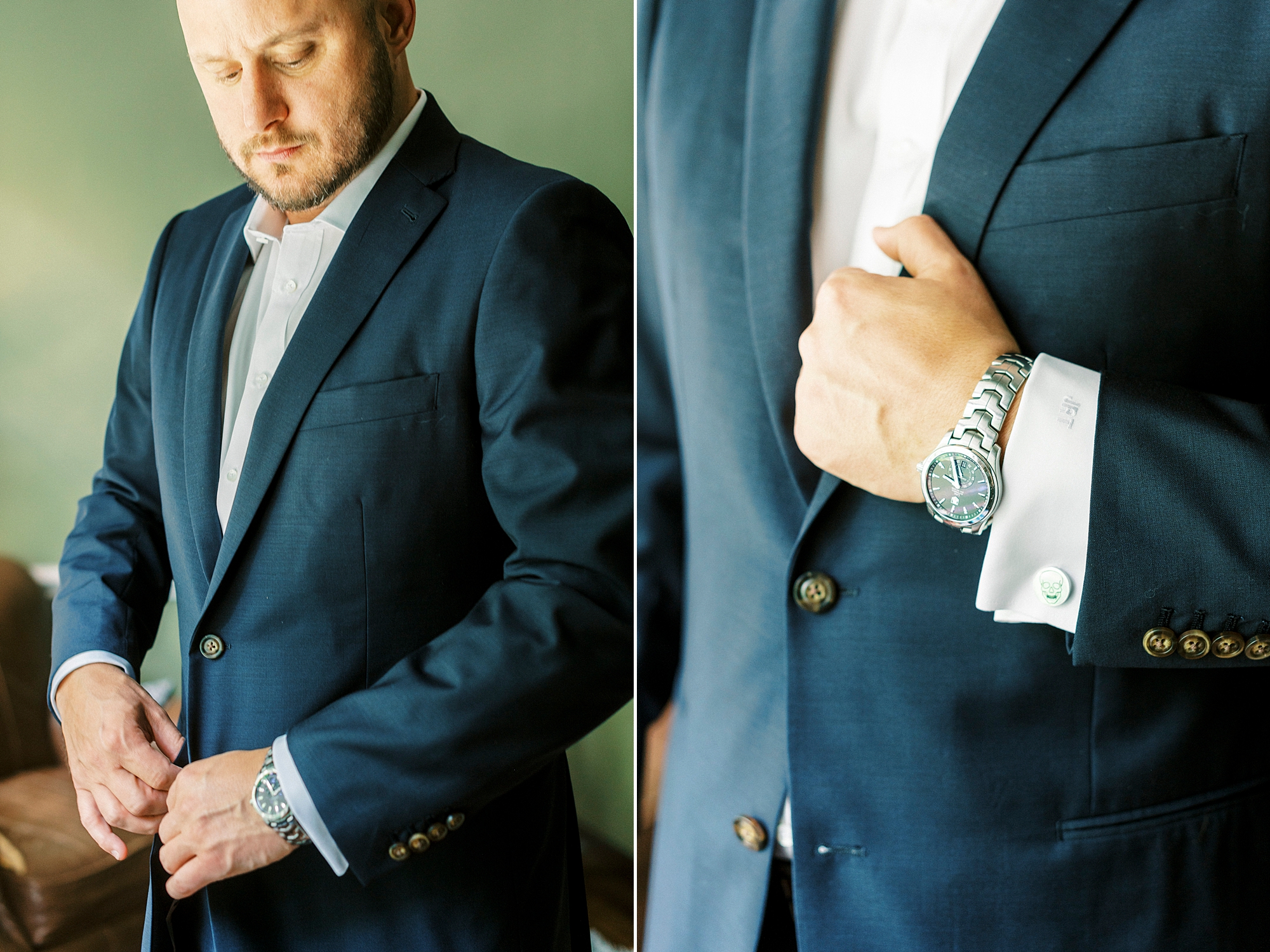 groom stands in navy jacket