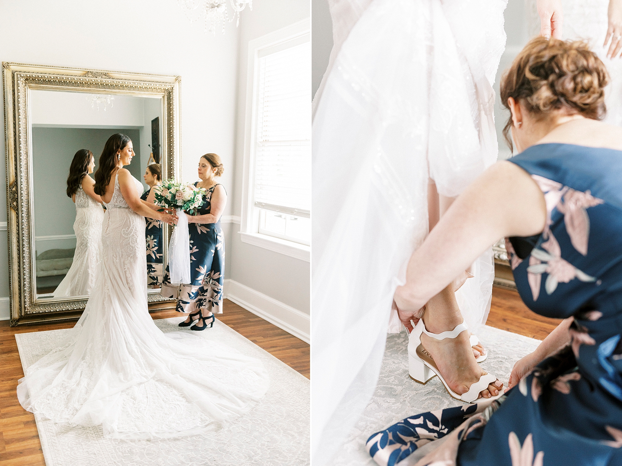 mother helps bride with dress before summer wedding