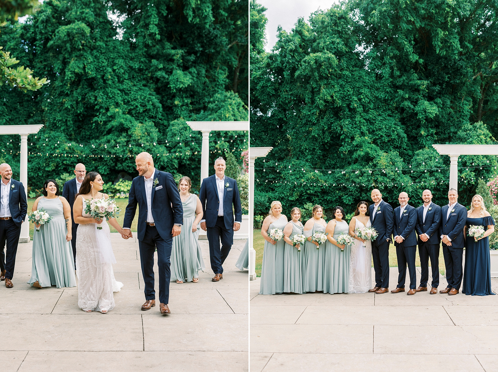 newlyweds walk with wedding party outside Separk Mansion
