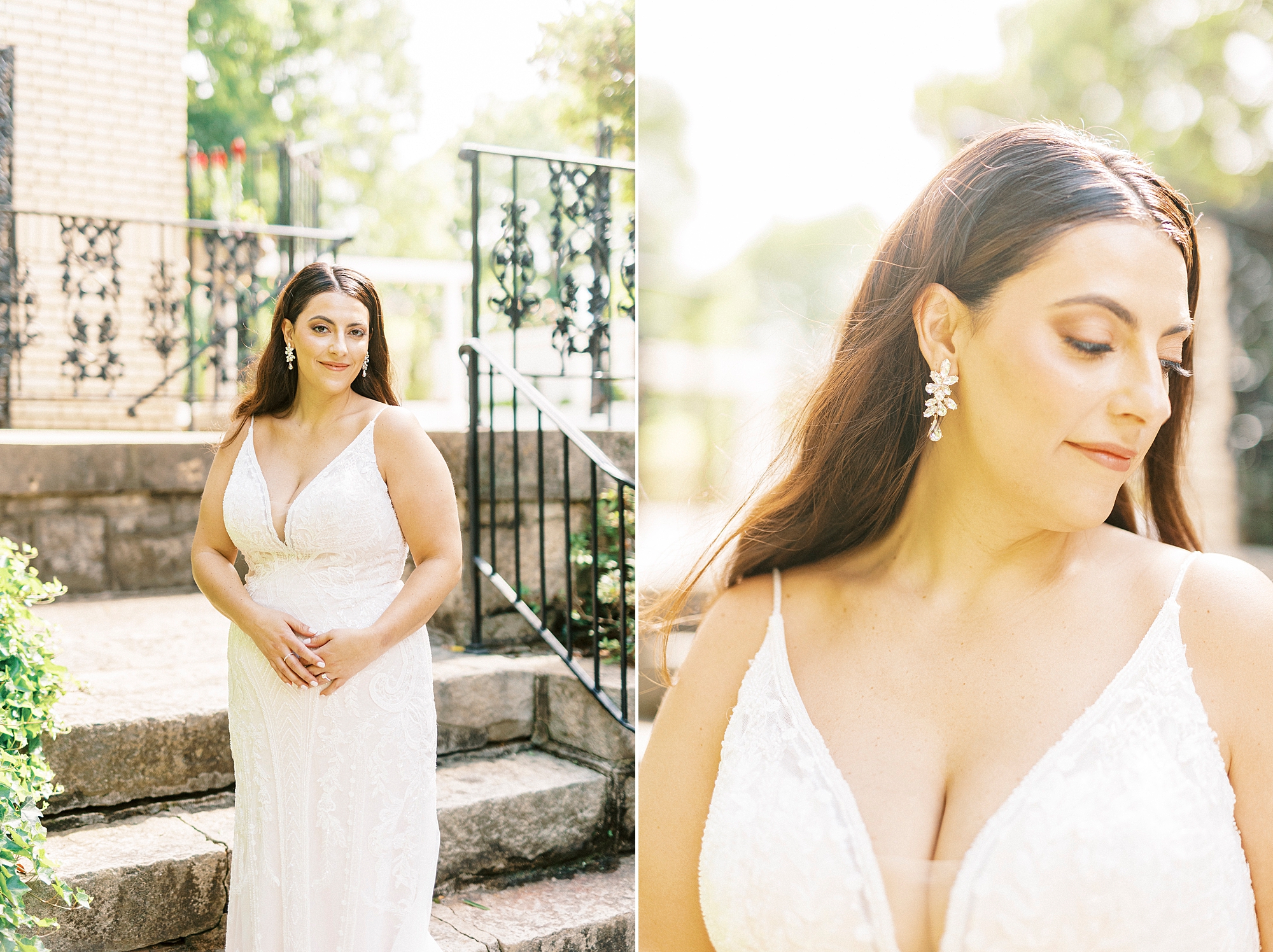 bride poses by staircase at Separk Mansion showing off earring