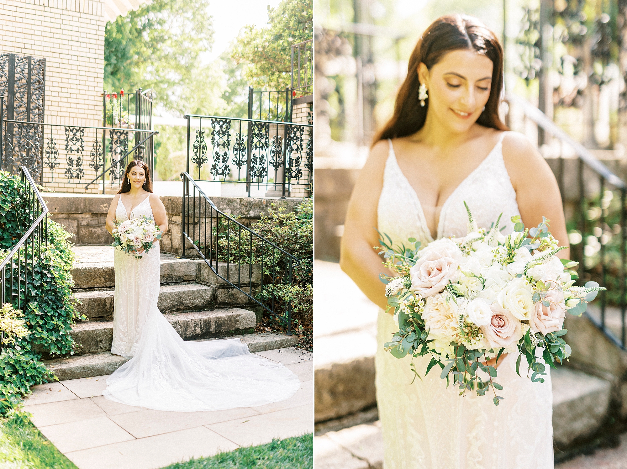 bride looks down at bouquet outside Separk Mansion