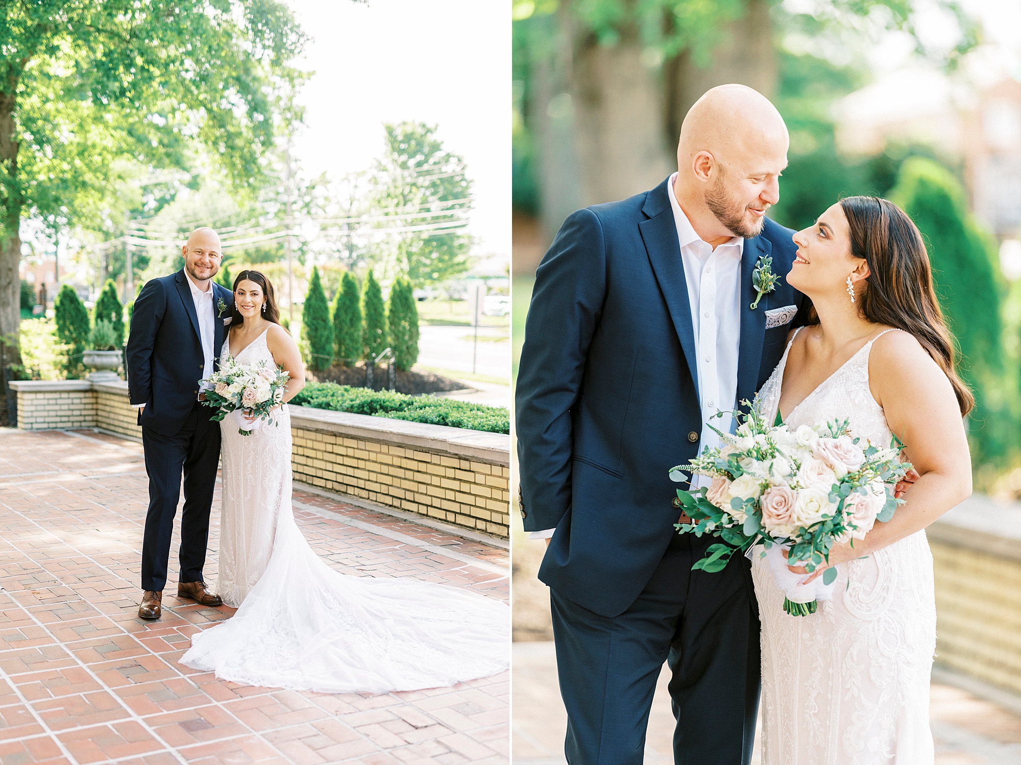 newlyweds hug on brick patio at Separk Mansion