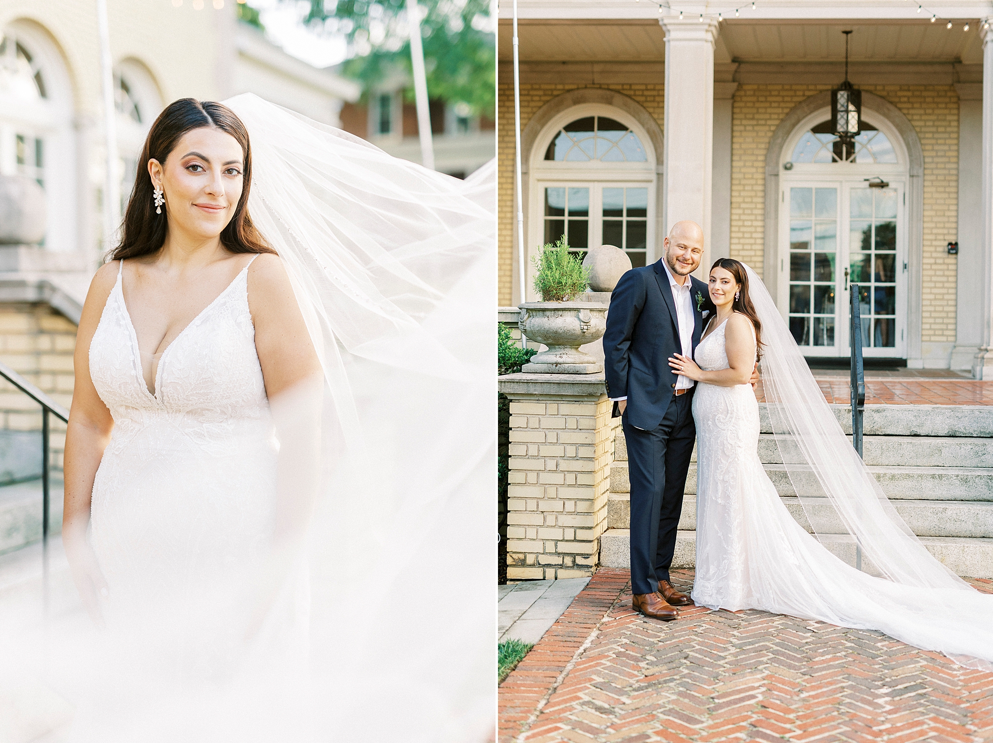 bride and groom stand on walkway outside Separk Mansion