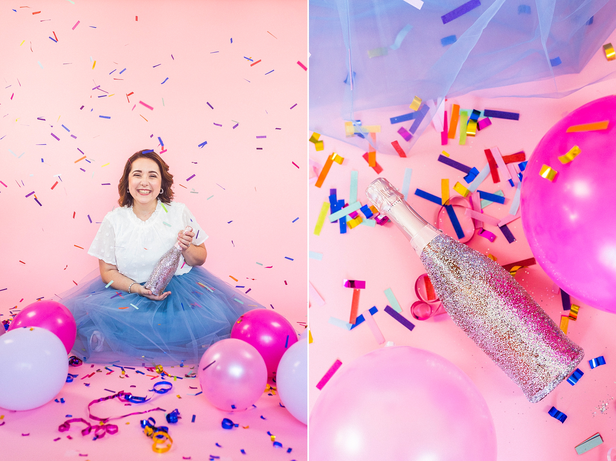 woman sits on pink backdrop tossing confetti during 30th birthday portraits