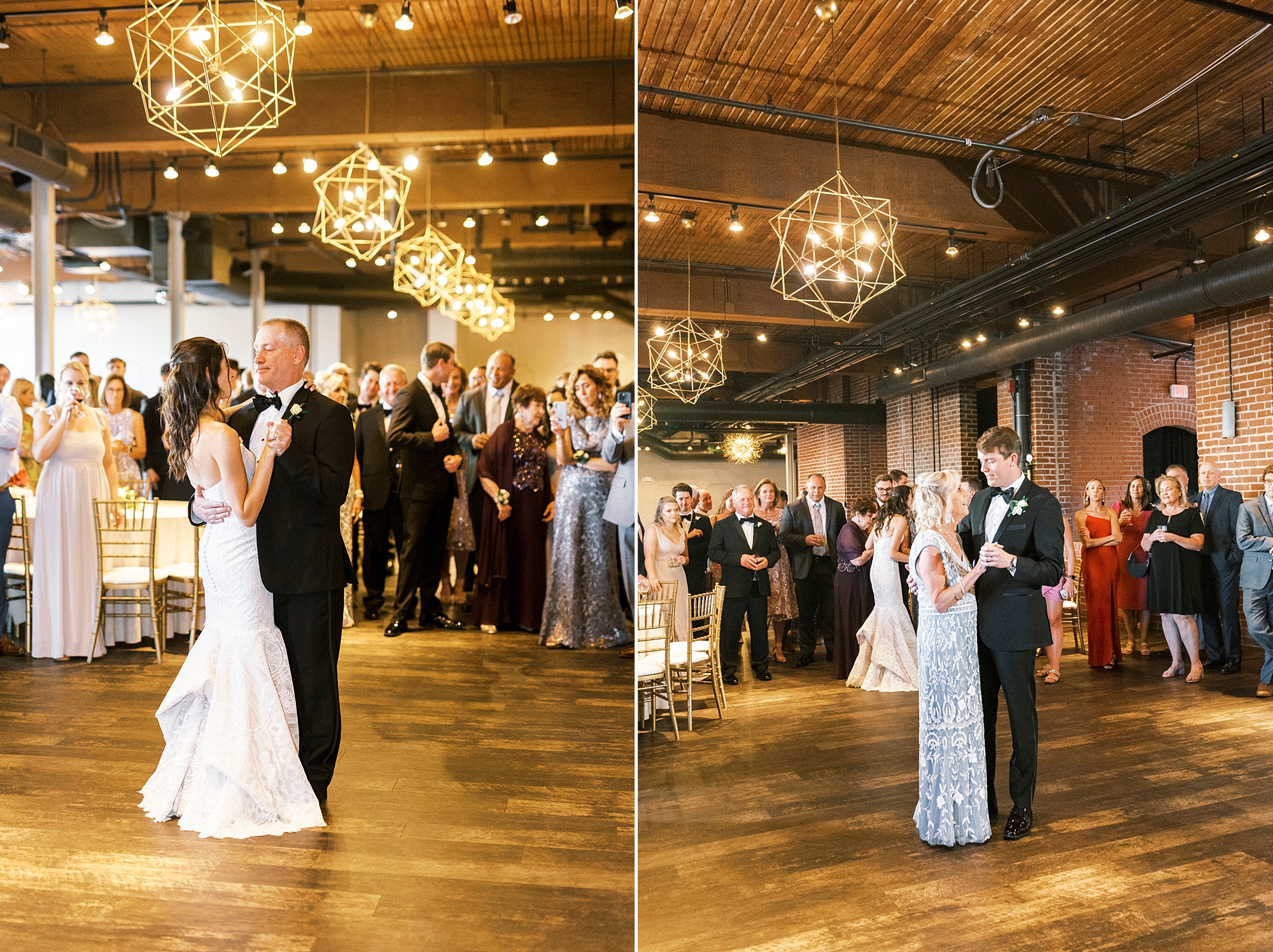 bride and groom dance with parents during NC wedding reception