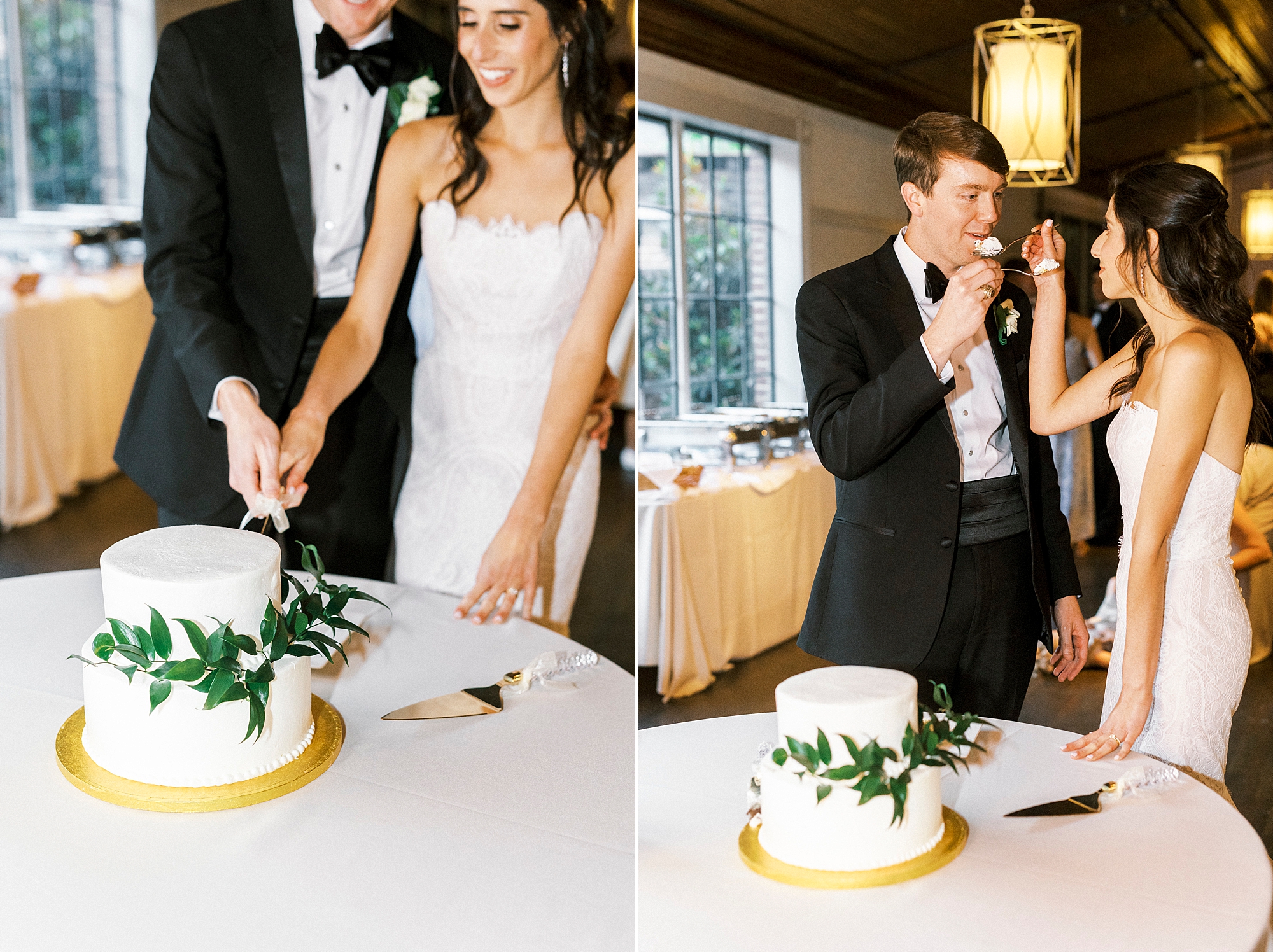 newlyweds cut wedding cake during NC reception
