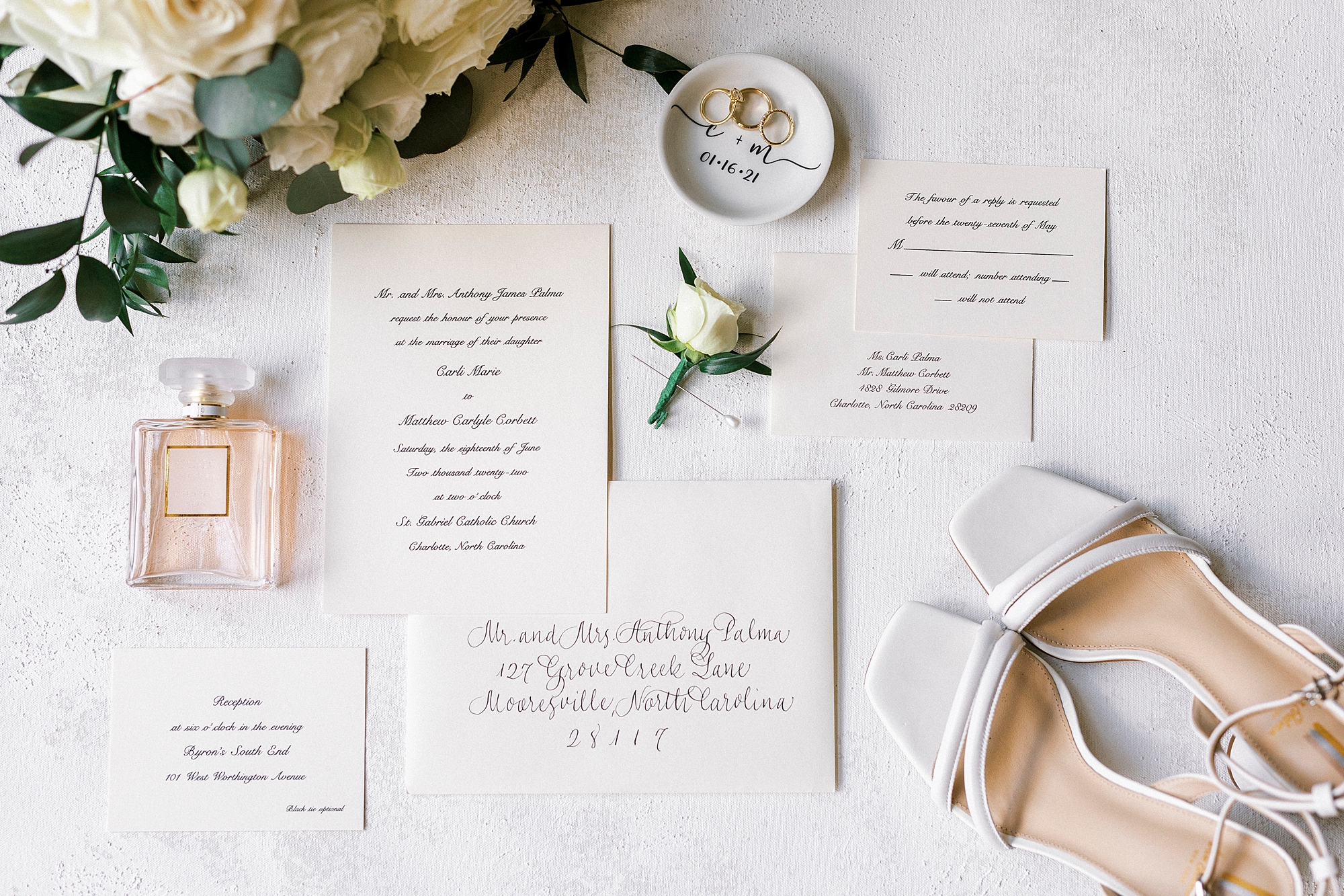 stationery and bride's shoes for NC wedding day at Byron's South End