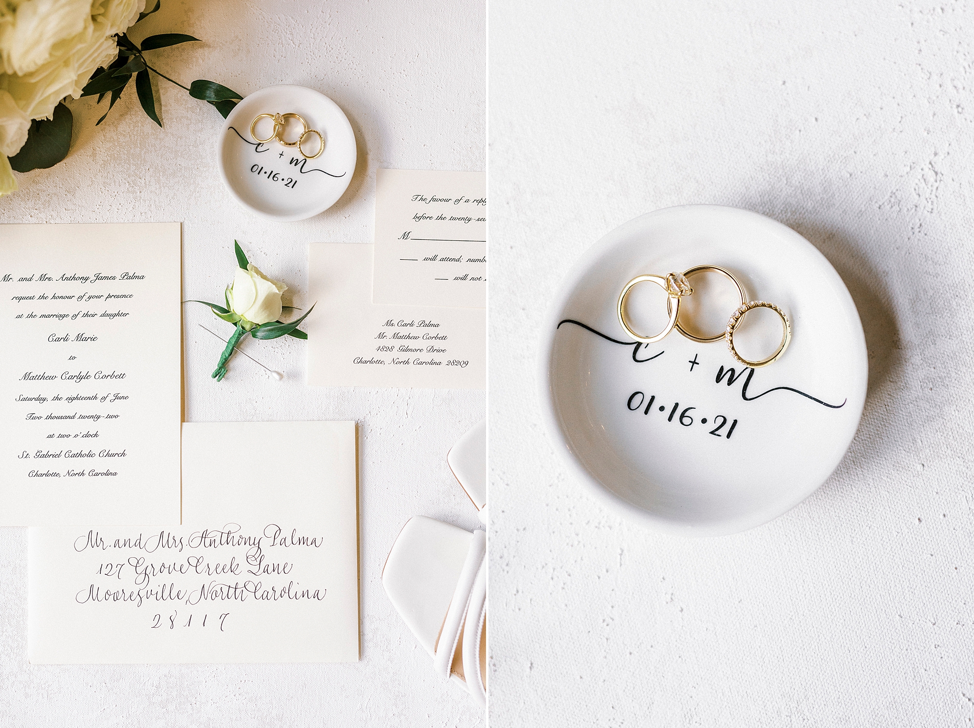 bride's wedding rings on custom dish for wedding