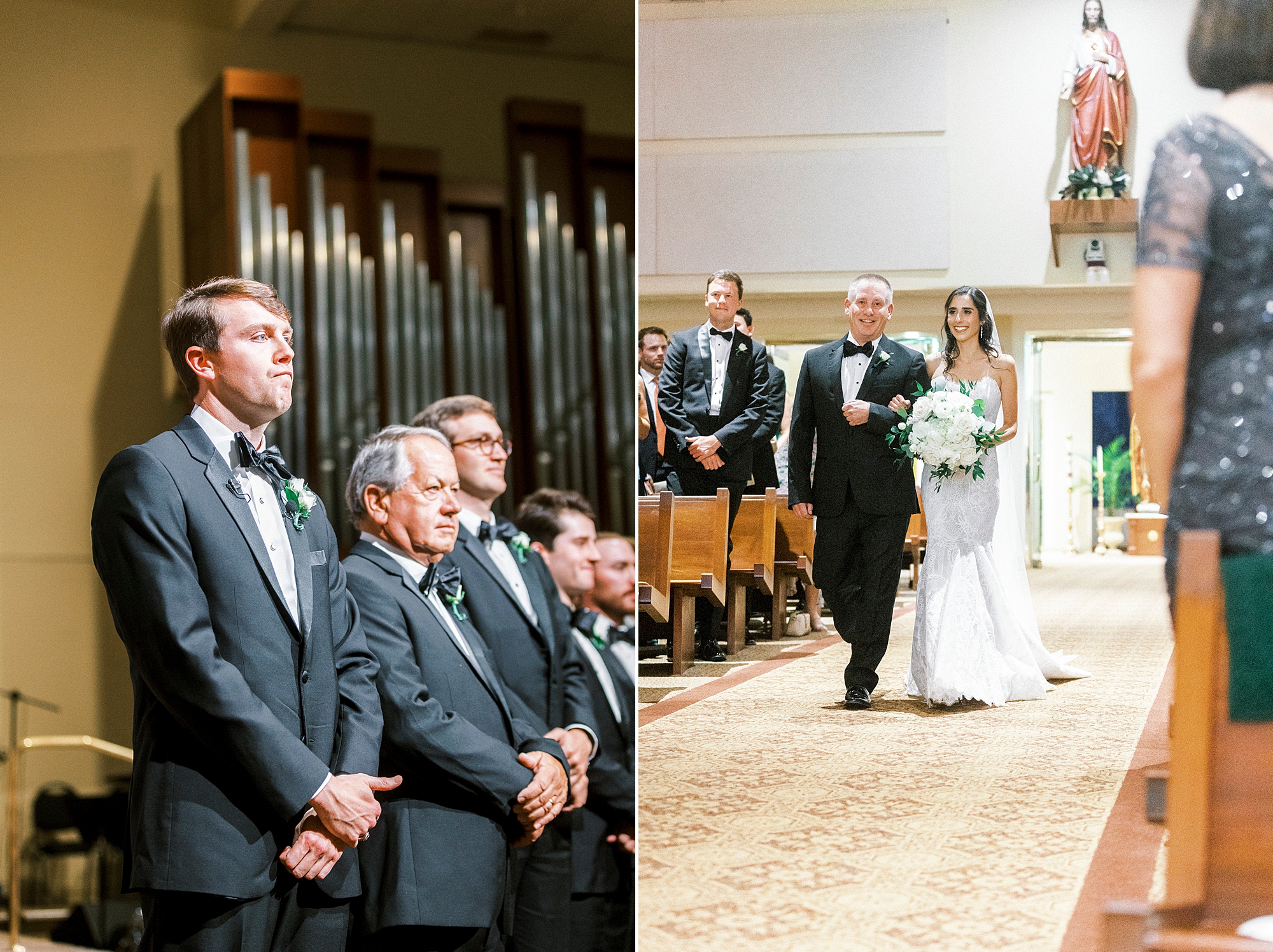 bride and dad walk down aisle to groom at St. Gabriel Catholic Church