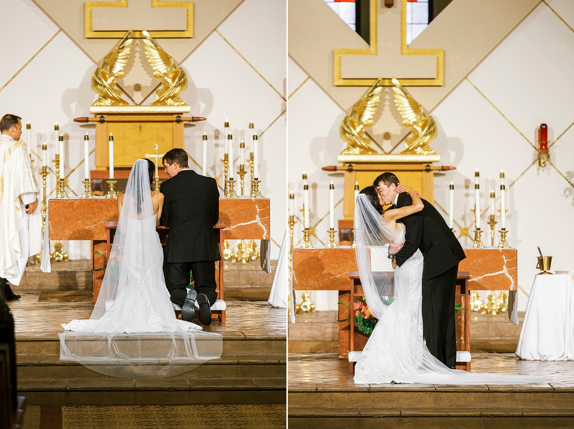 newlyweds kneel and kiss during traditional church wedding at St. Gabriel Catholic Church