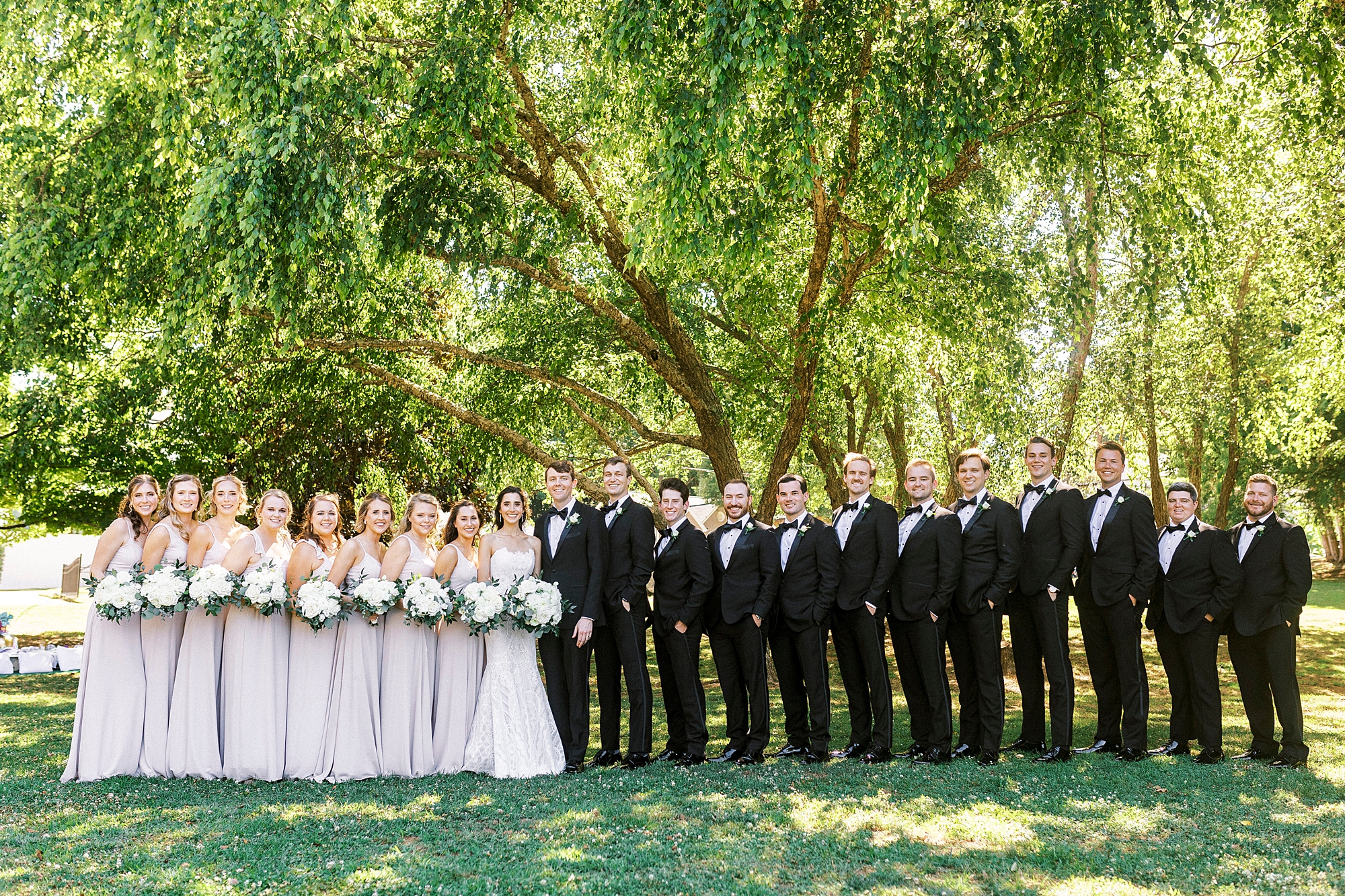 bride and groom stand with wedding party in Freedom Park