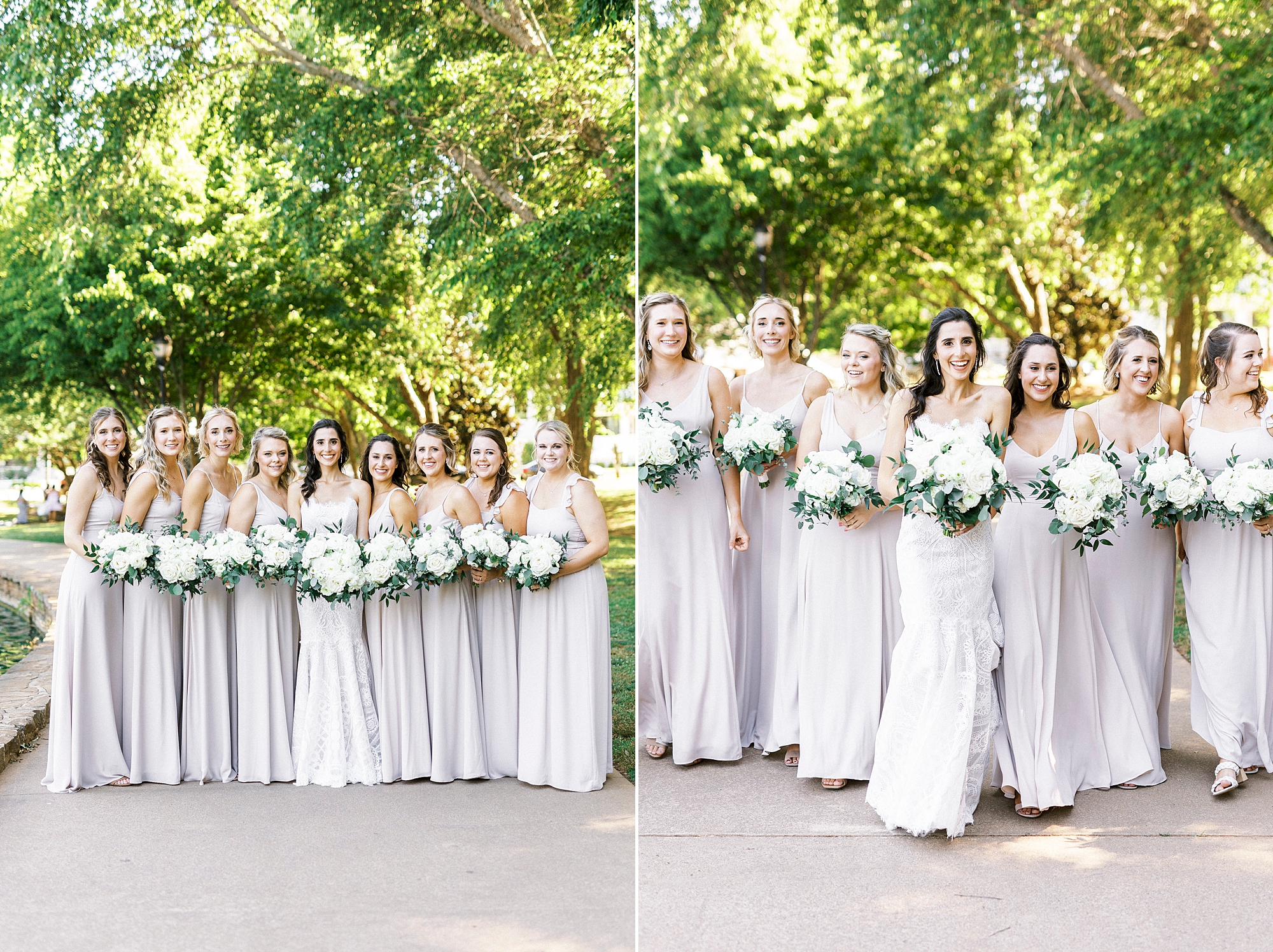 bride and bridesmaids in pastel gowns pose on sidewalk in Freedom Park