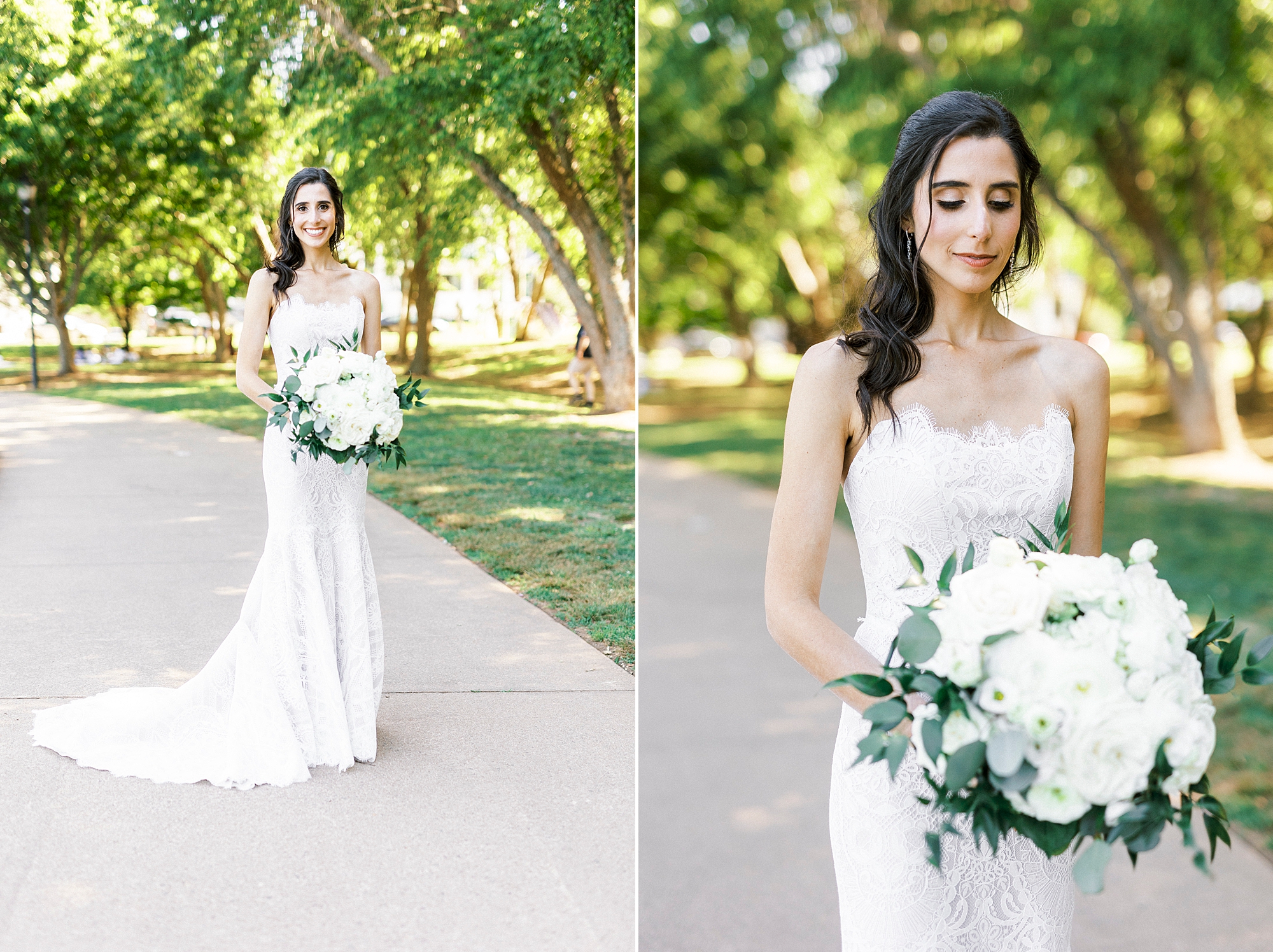 bride stand son sidewalk in chic gown with all-white bouquet at Freedom Park