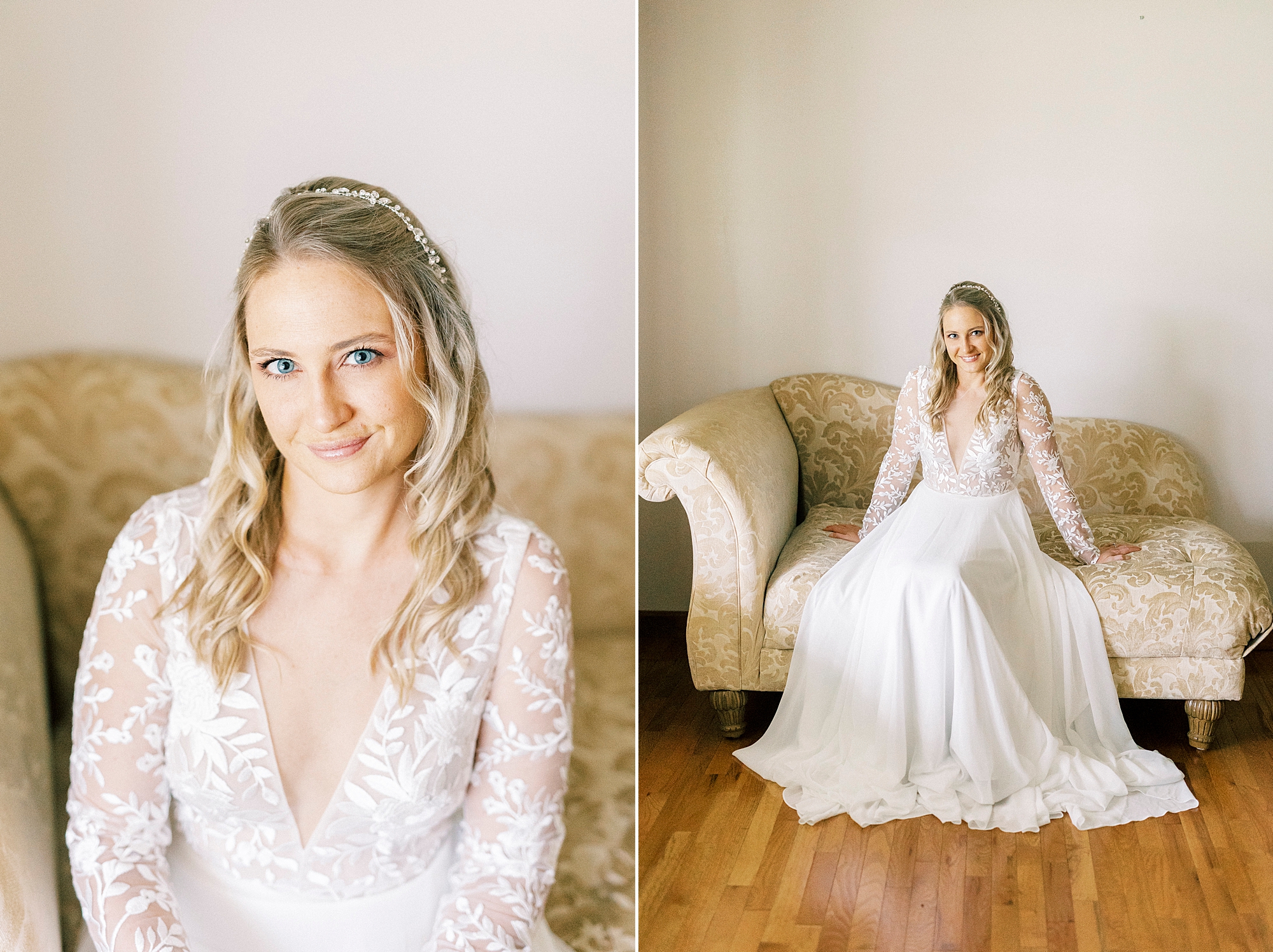 bride sits on sofa with gold and ivory cover