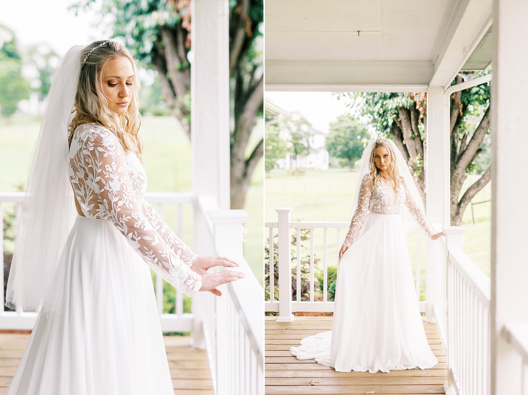 bride leans against railing during bridal portraits outside on porch