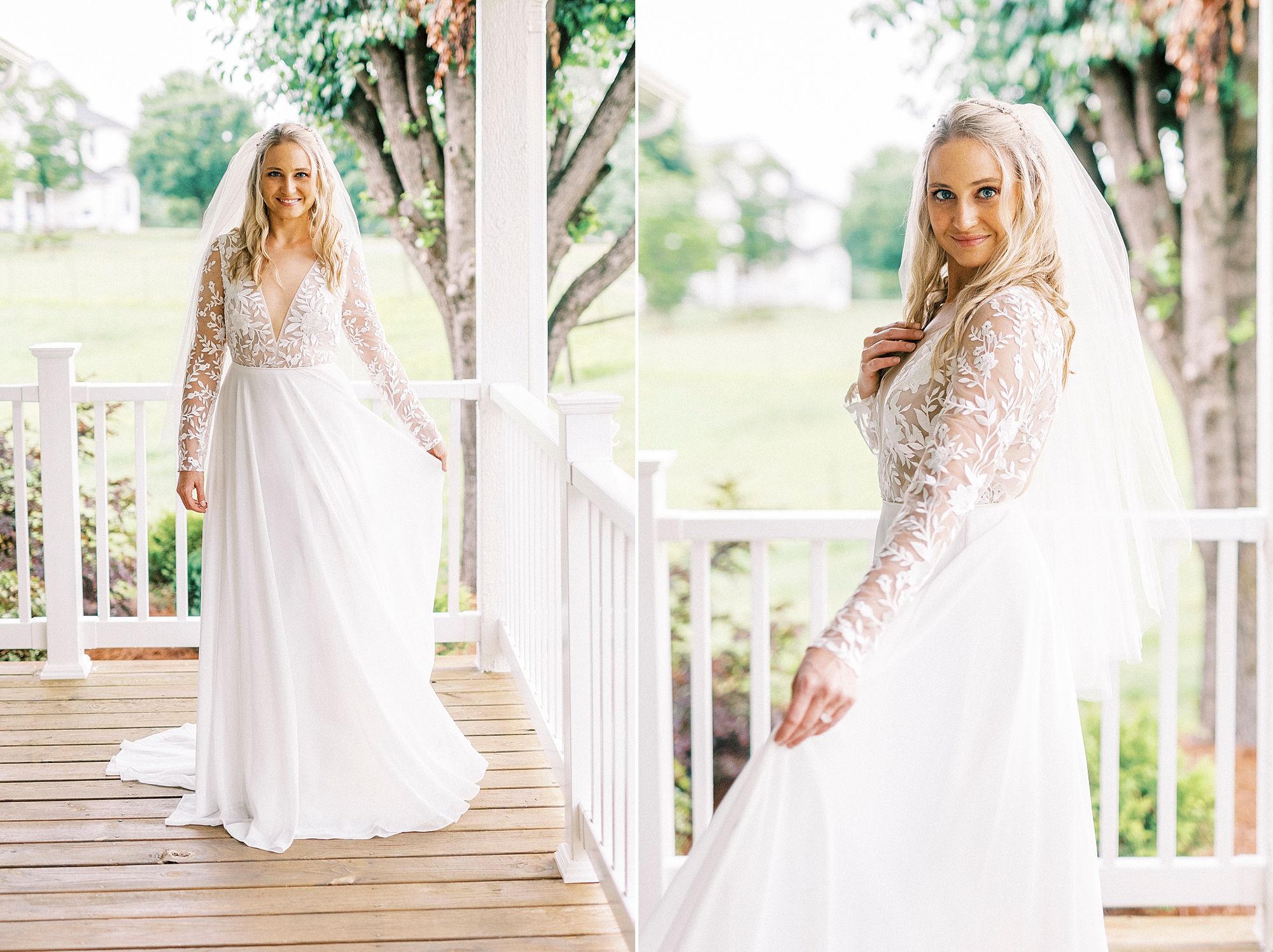 bride moves skirt of wedding gown standing on front porch