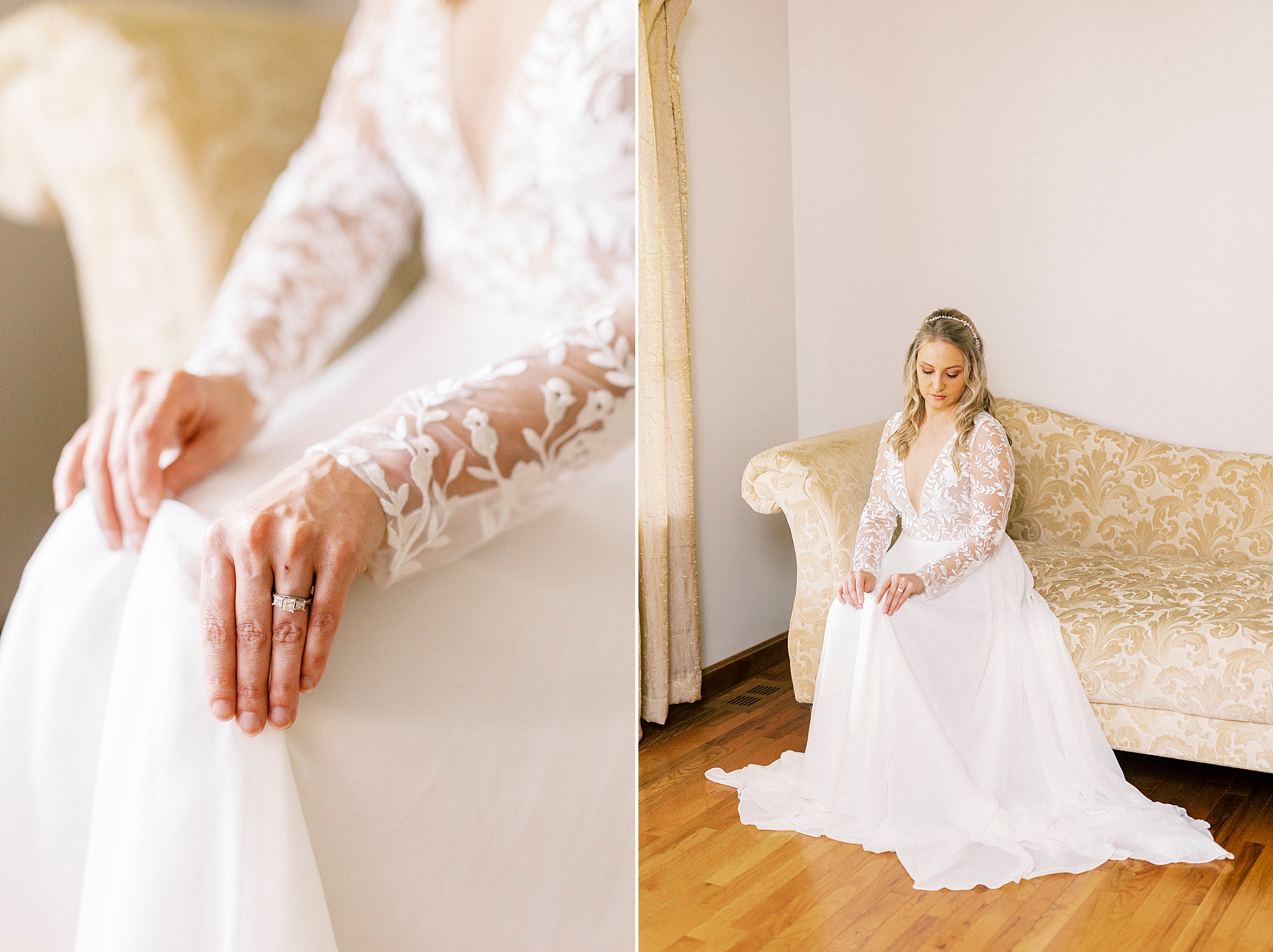 bride in wedding gown with lace bodice sits on gold and ivory sofa in Lenoir home