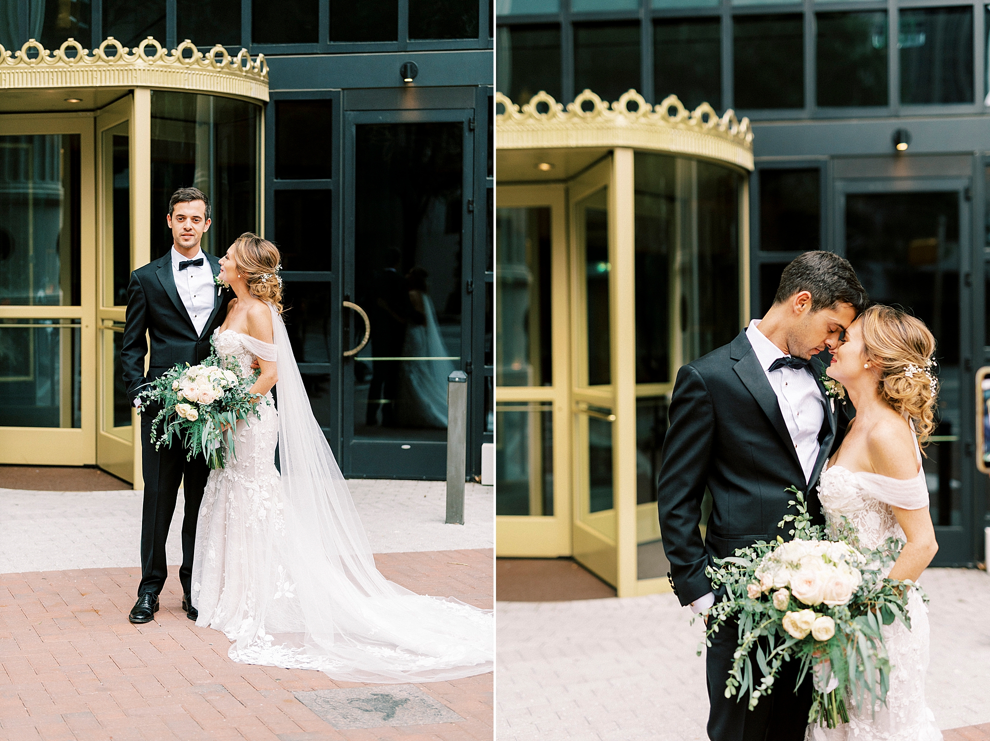 bride and groom hug outside The Grand Bohemian Hotel