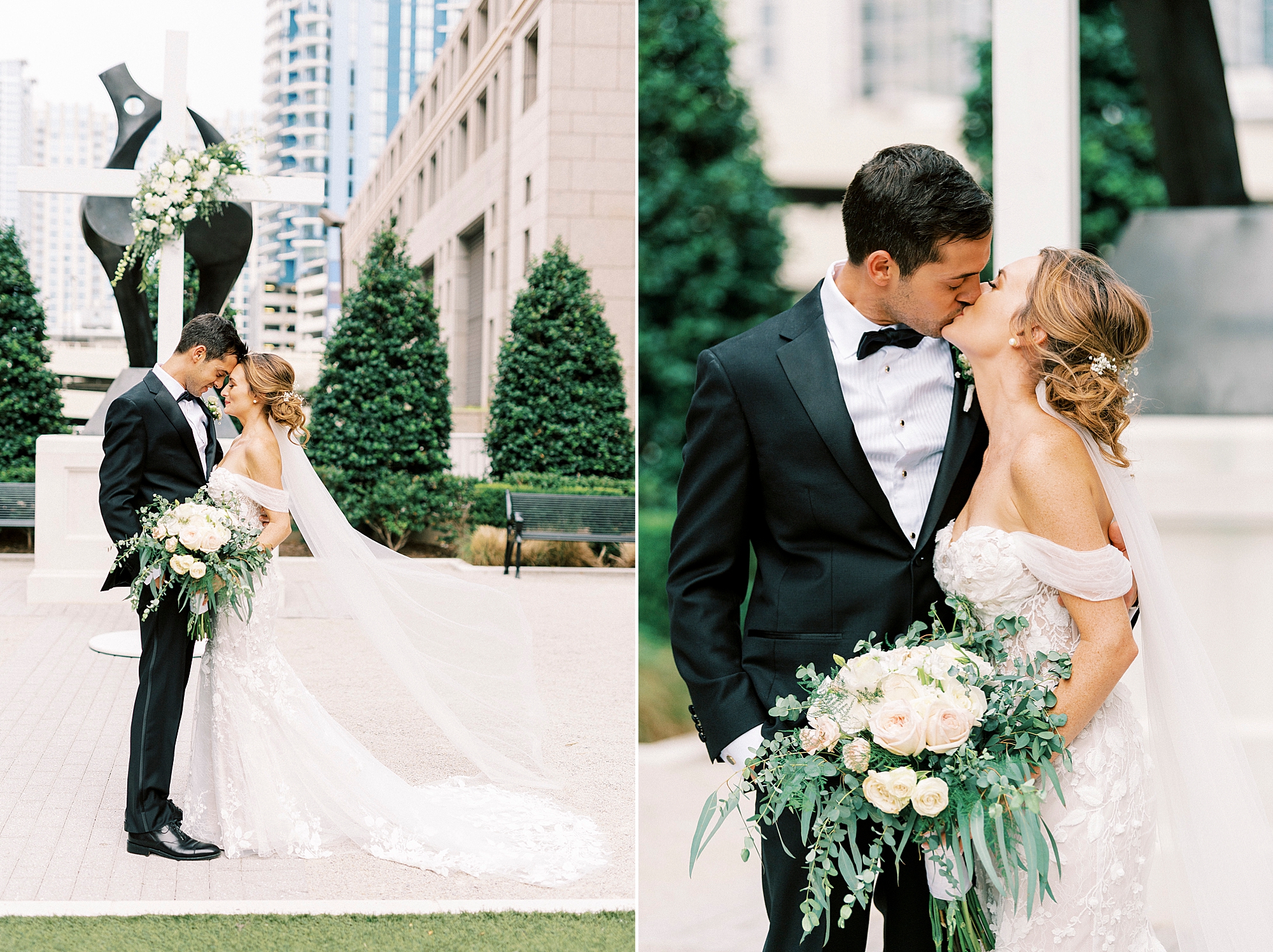 newlyweds kiss near statue at The Grand Bohemian Hotel