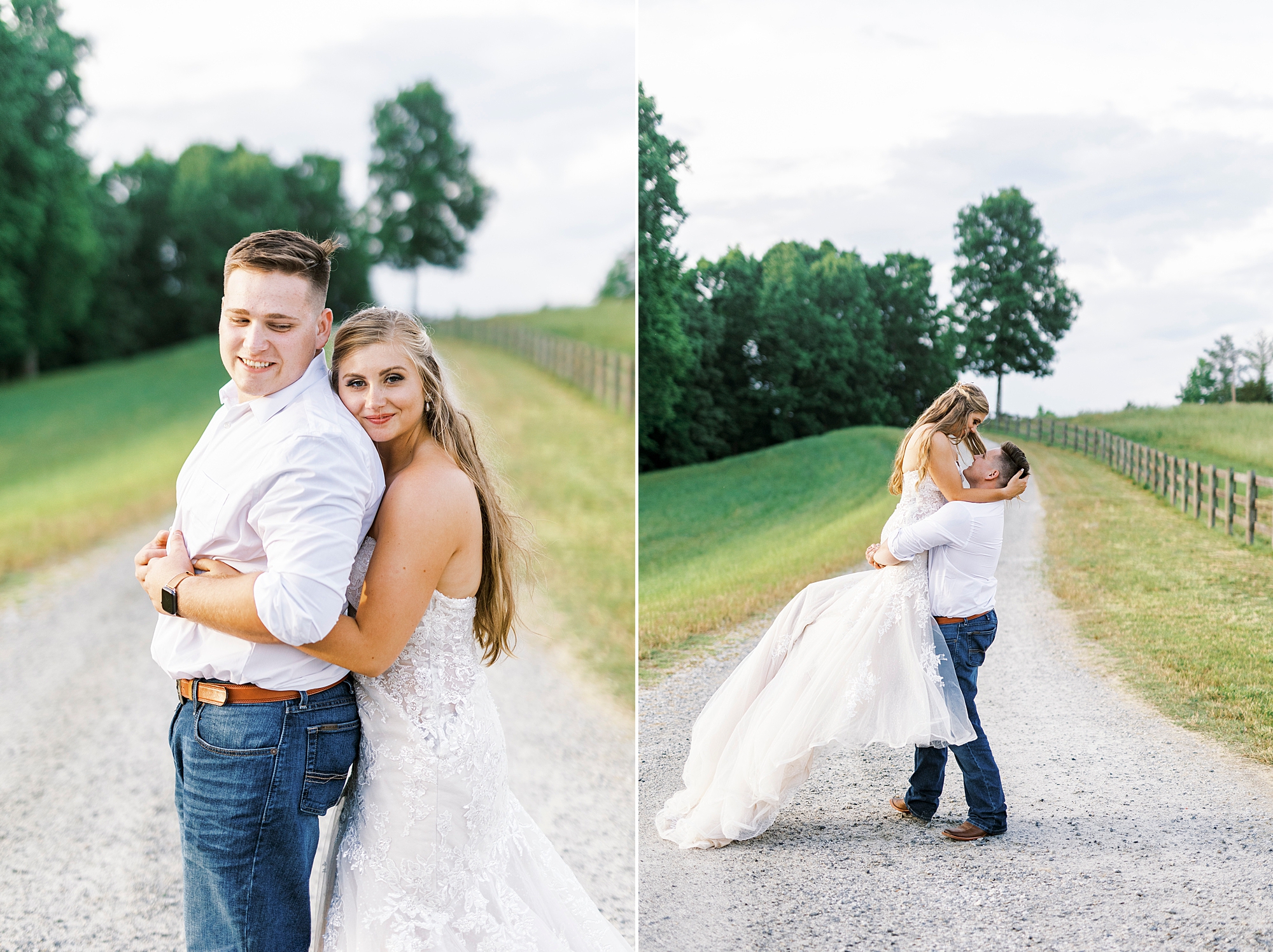 newlyweds hug on driveway at The Stable at Riverview at sunset