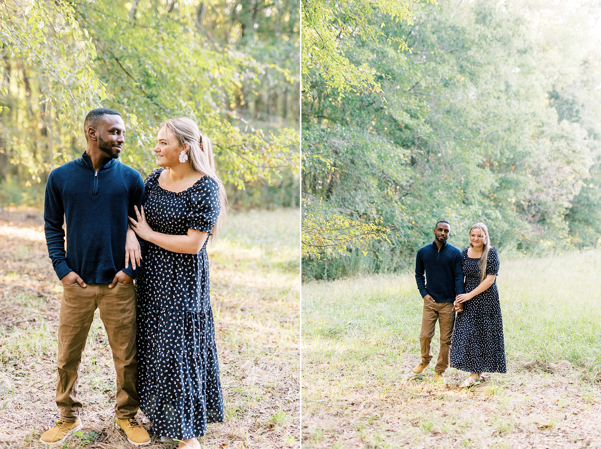 couple walks together during Indian Trail NC engagement photos