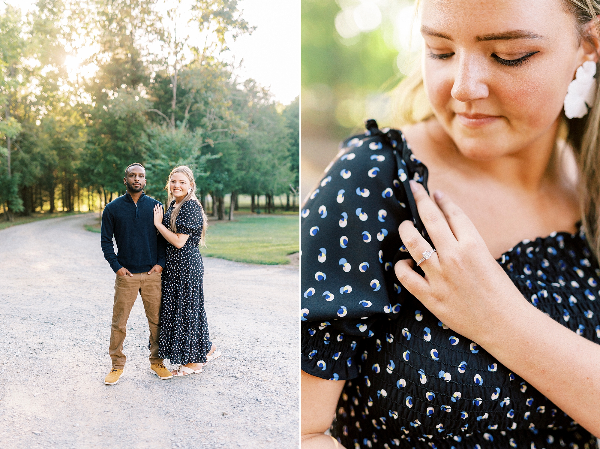 bride holds sleeve of her dress showing off engagement ring