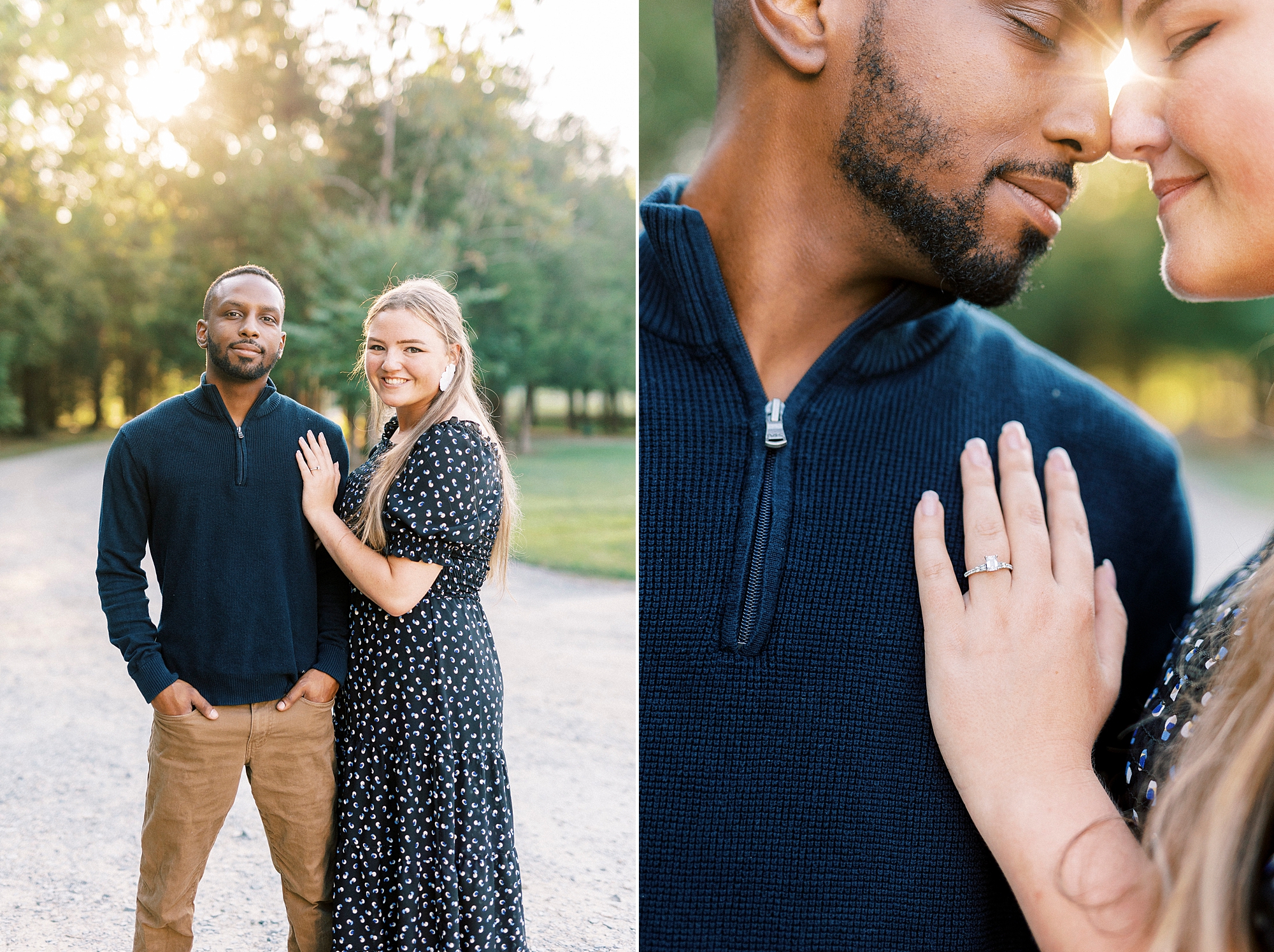 engaged couple stands together at sunset leaning noses together