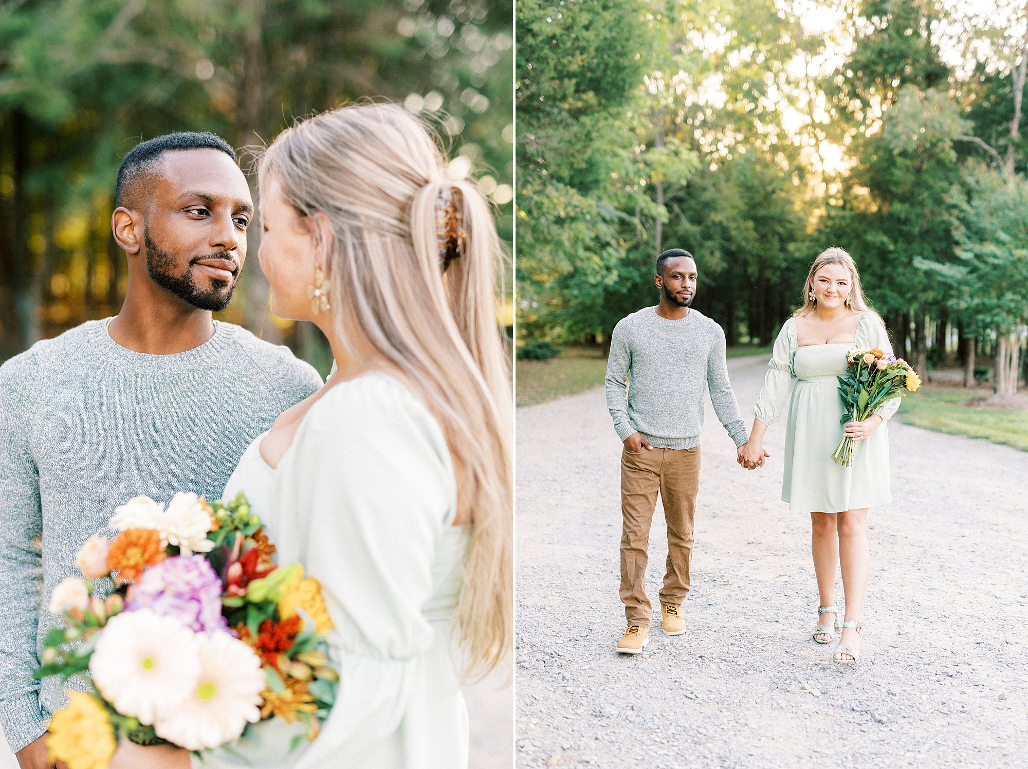 engaged couple walks down path at Bella Terra