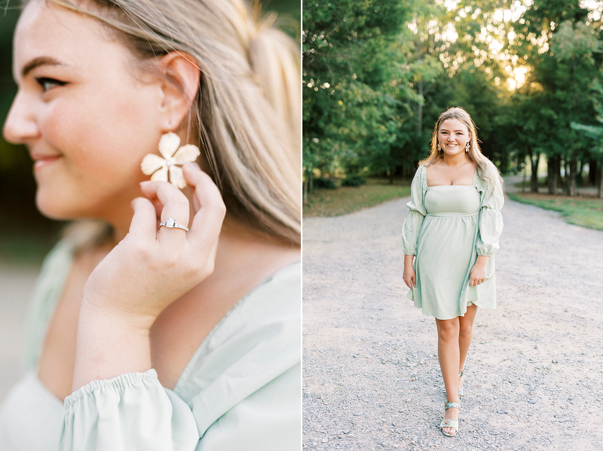 bride in short green dress shows off flower earrings
