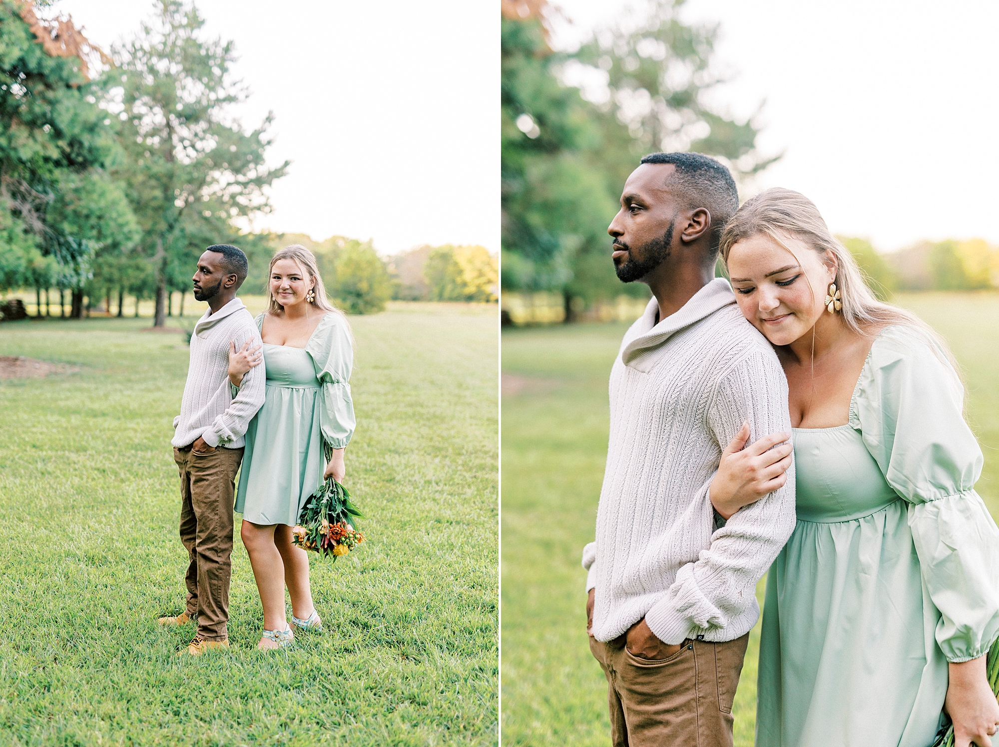 bride holds bouquet of wildflowers leaning on groom's shoulder