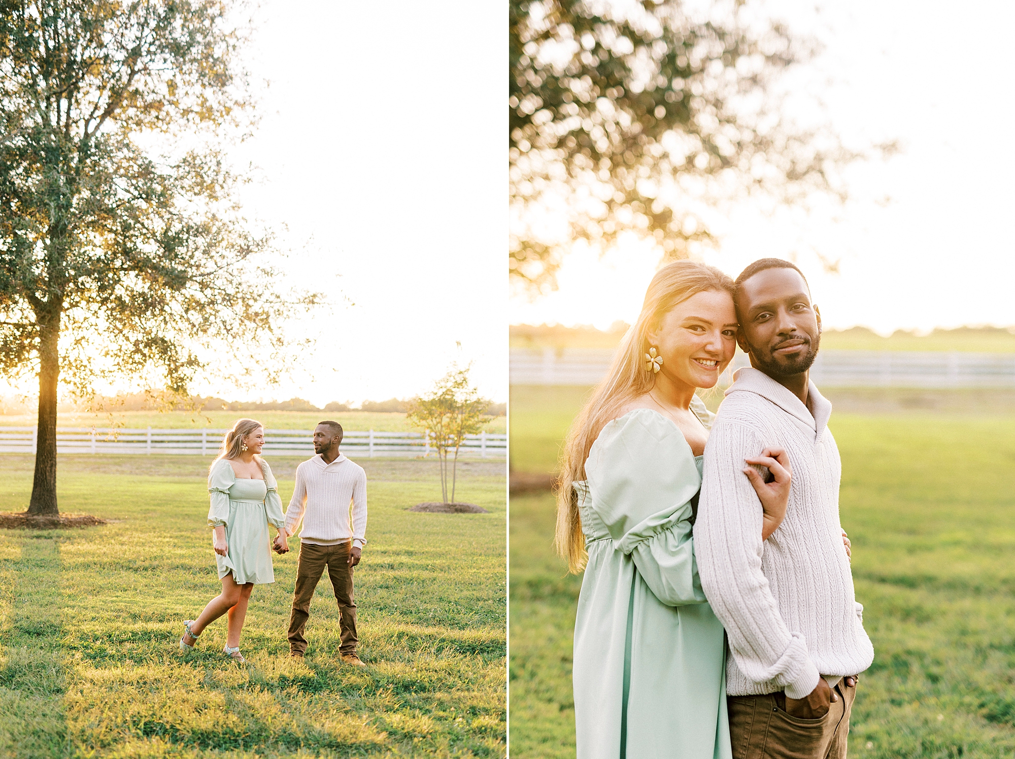bride hugs groom in short green dress at sunset