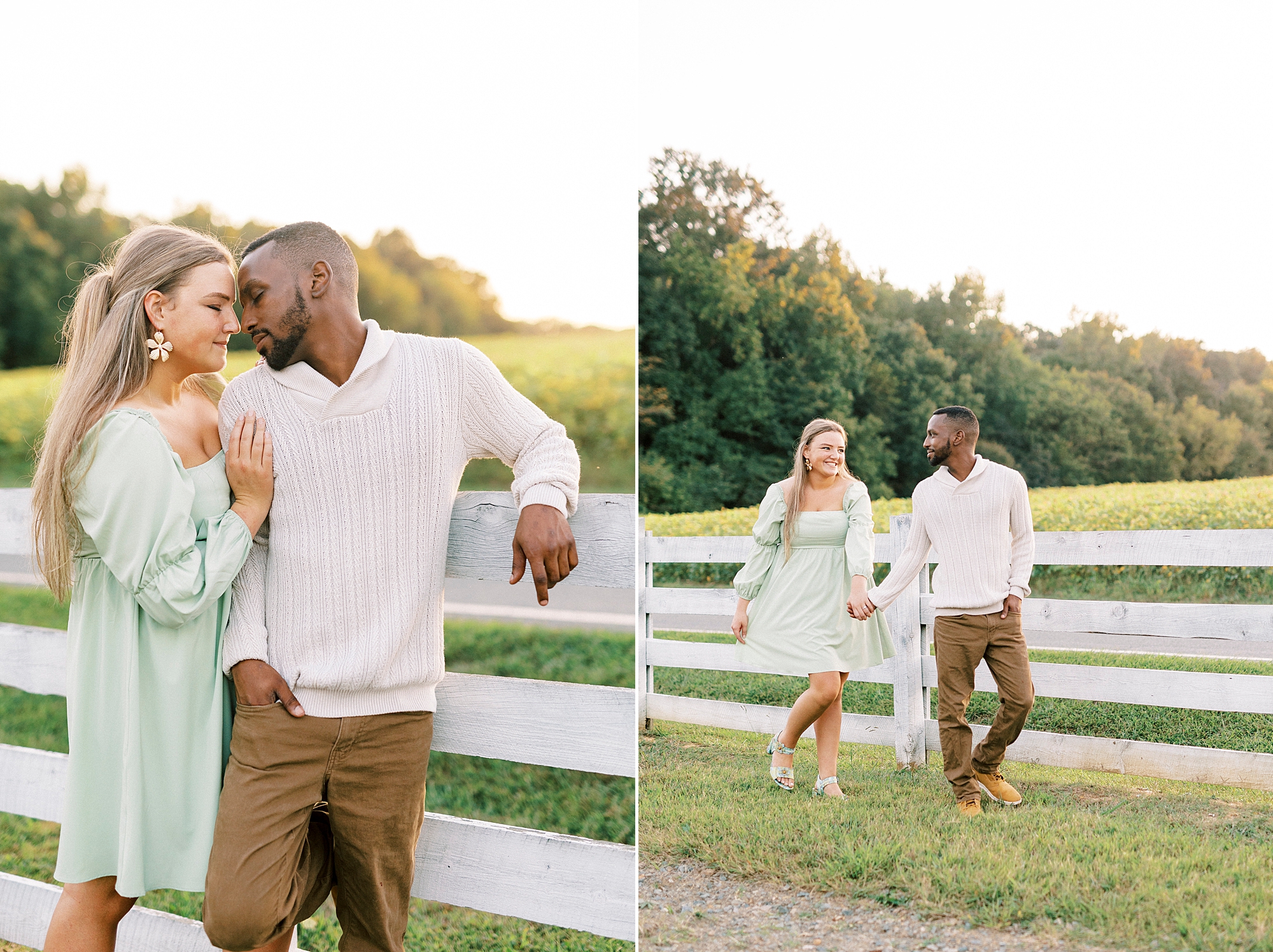 couple leans against white wooden fence at Bella Terra