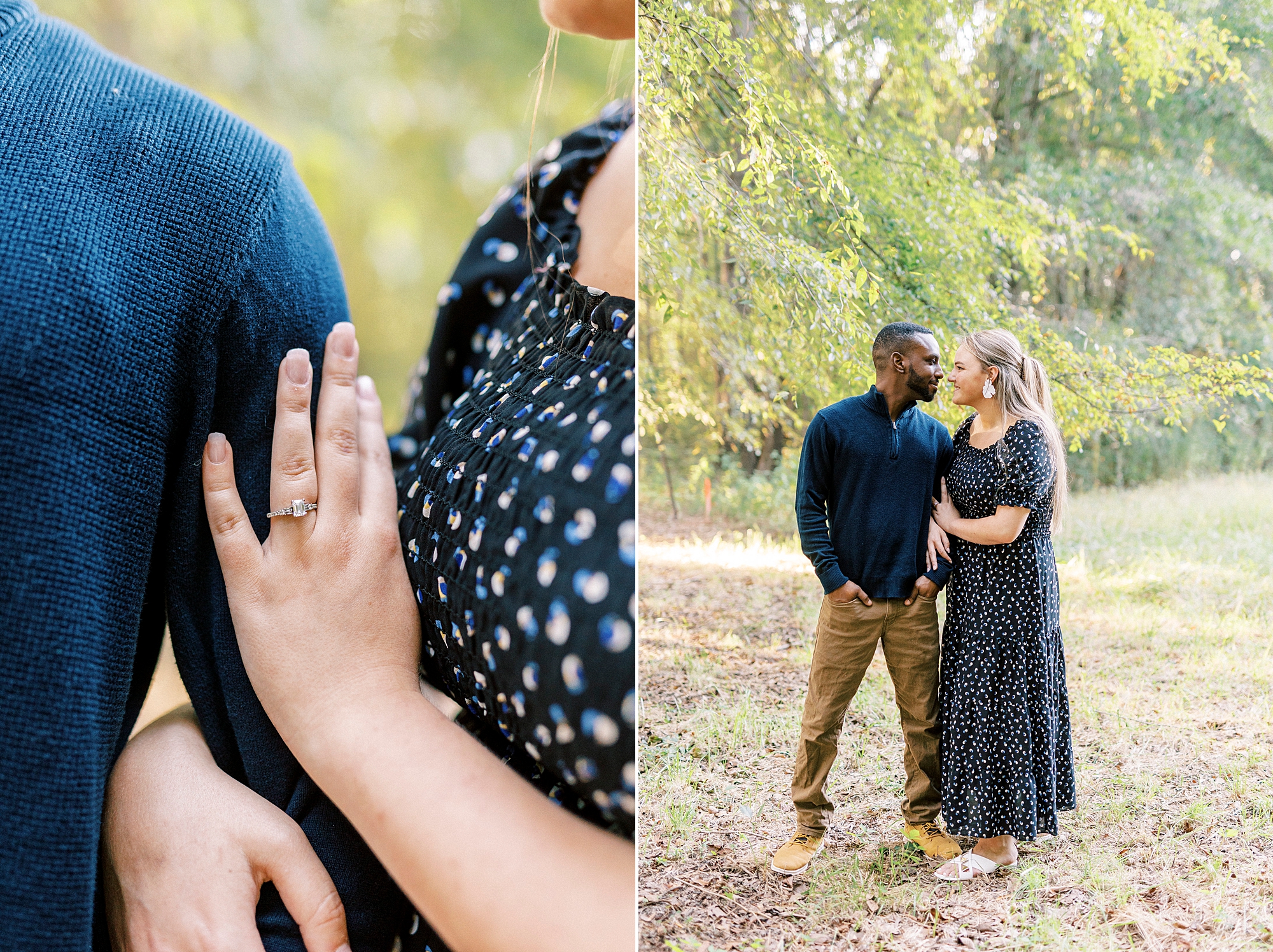 woman lays hand on groom's arm showing off engagement ring