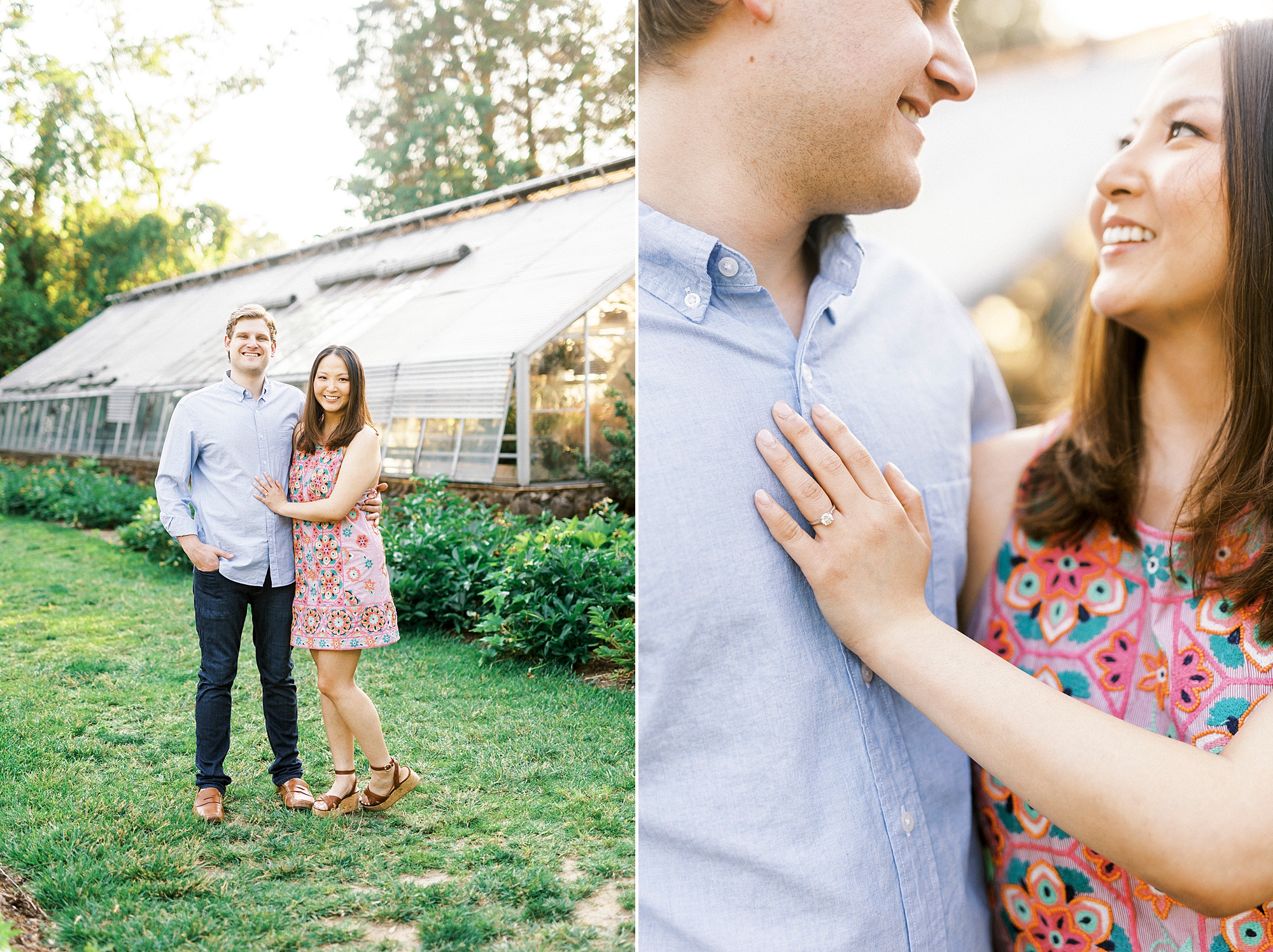 bride lays hand on groom's blue shirt showing off engagement ring