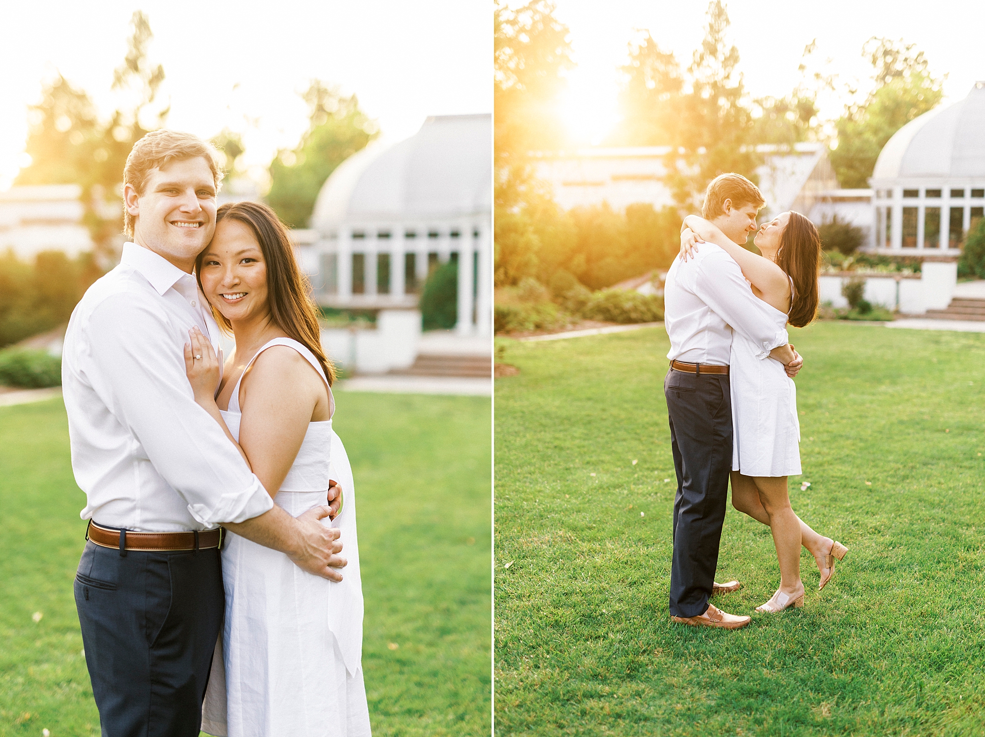 sunset Reynolda Gardens engagement portraits on front lawn