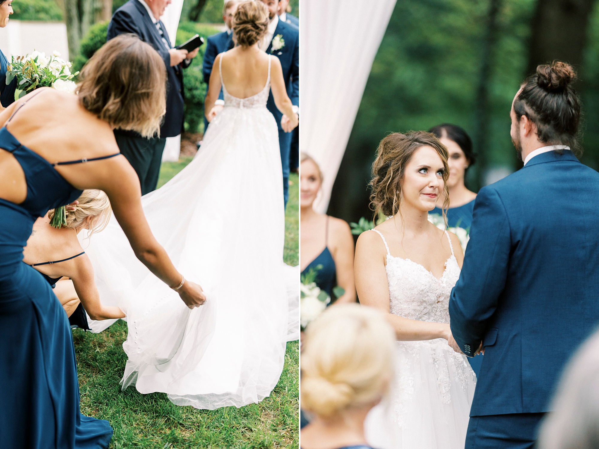 bridesmaids help move bride's dress during ceremony 