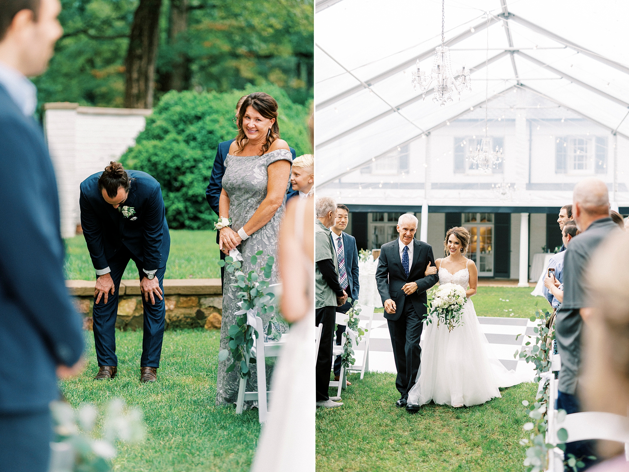 bride enters wedding ceremony under tent at Boxwood Estate