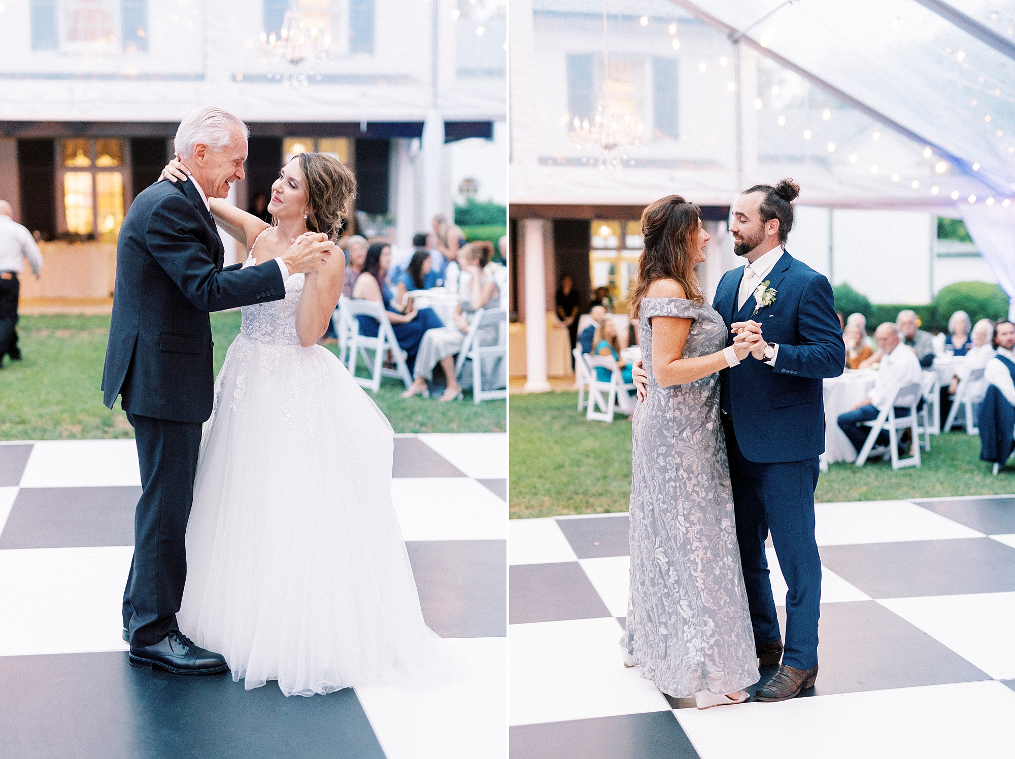 bride and groom dance with parents during NC reception 