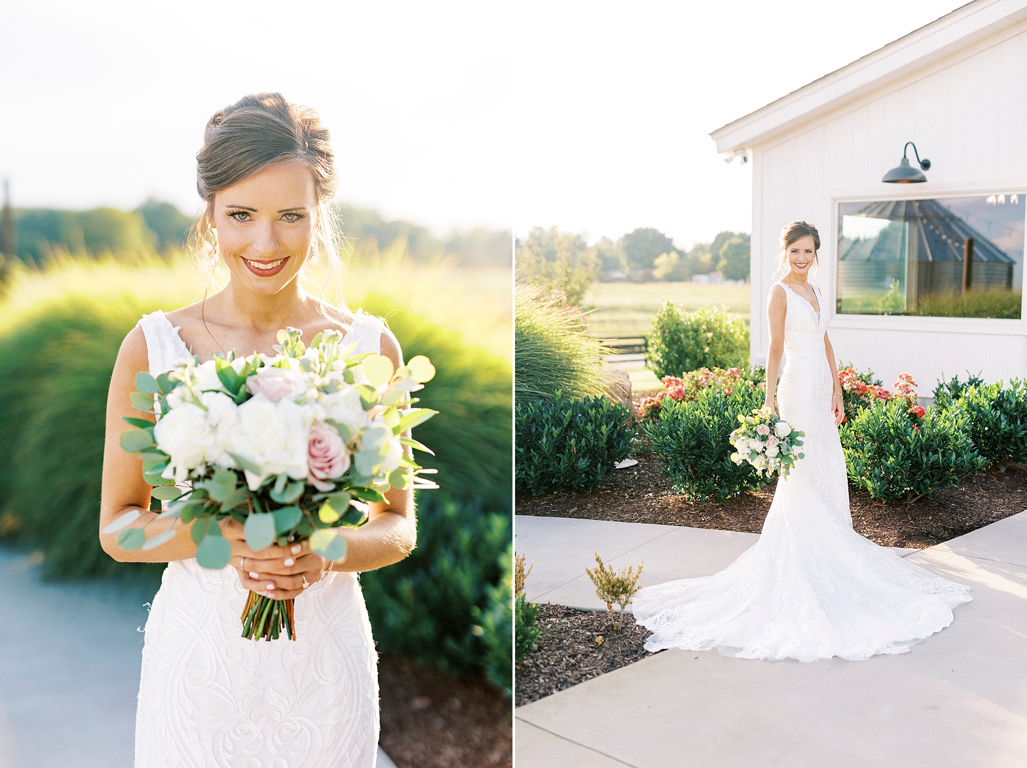 bride poses with bouquet outside barn at Chickadee Hill Farms