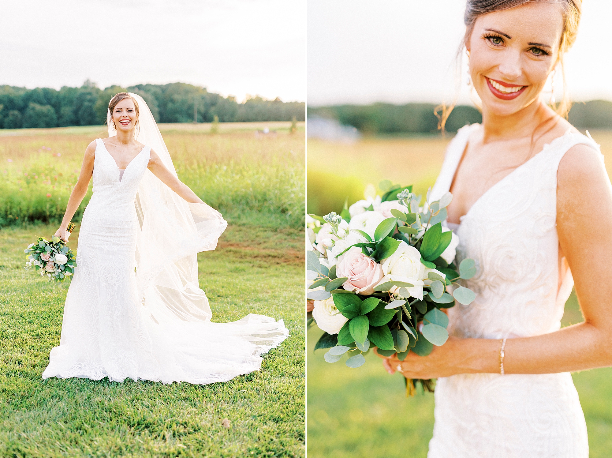 bride smiles holding bouquet in field at Chickadee Hill Farms