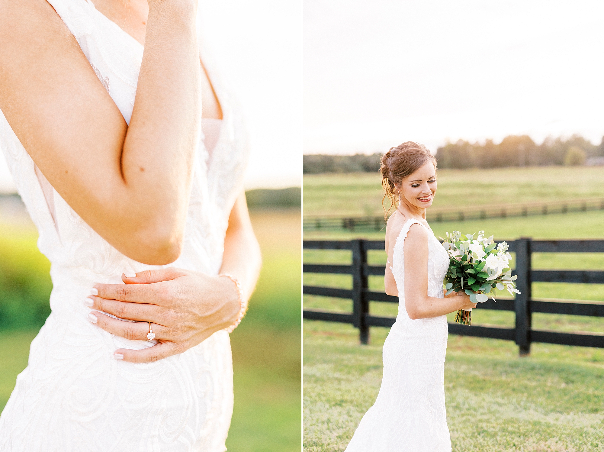 bride holds hip showing off engagement ring