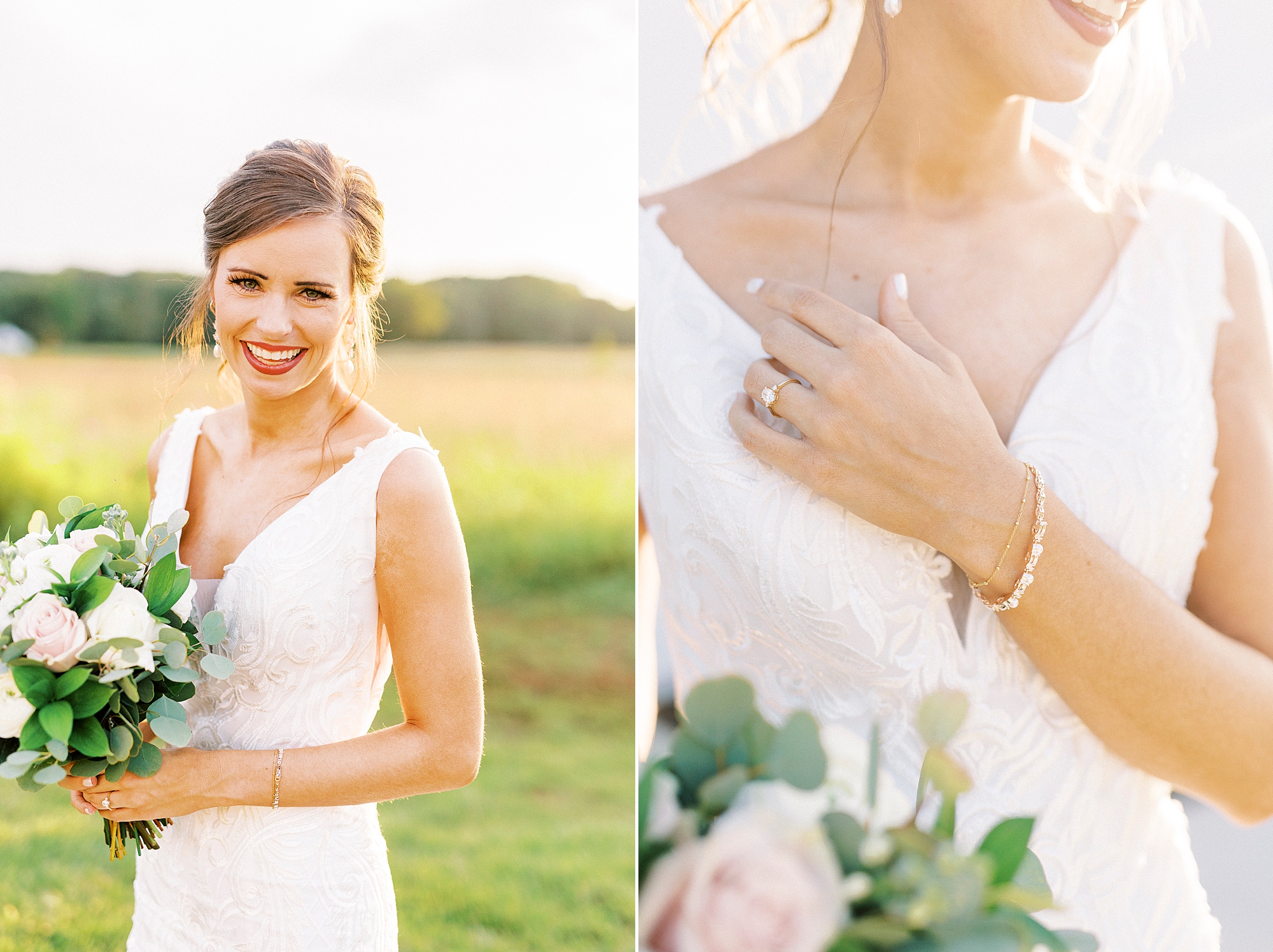 bride poses in field at Chickadee Hill Farms during bridal portraits 