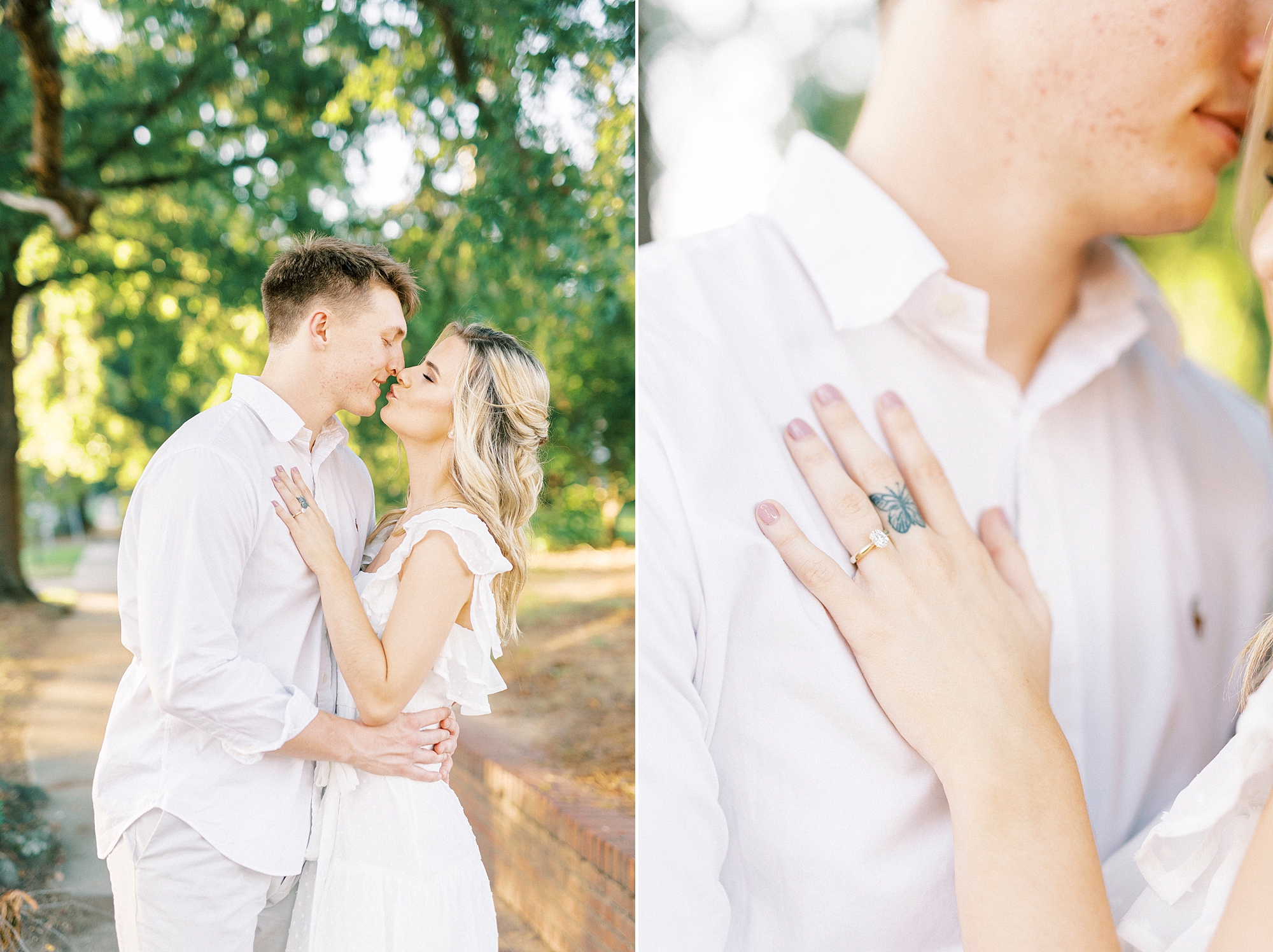 bride and groom kiss with bride's hand on groom's chest showing off ring