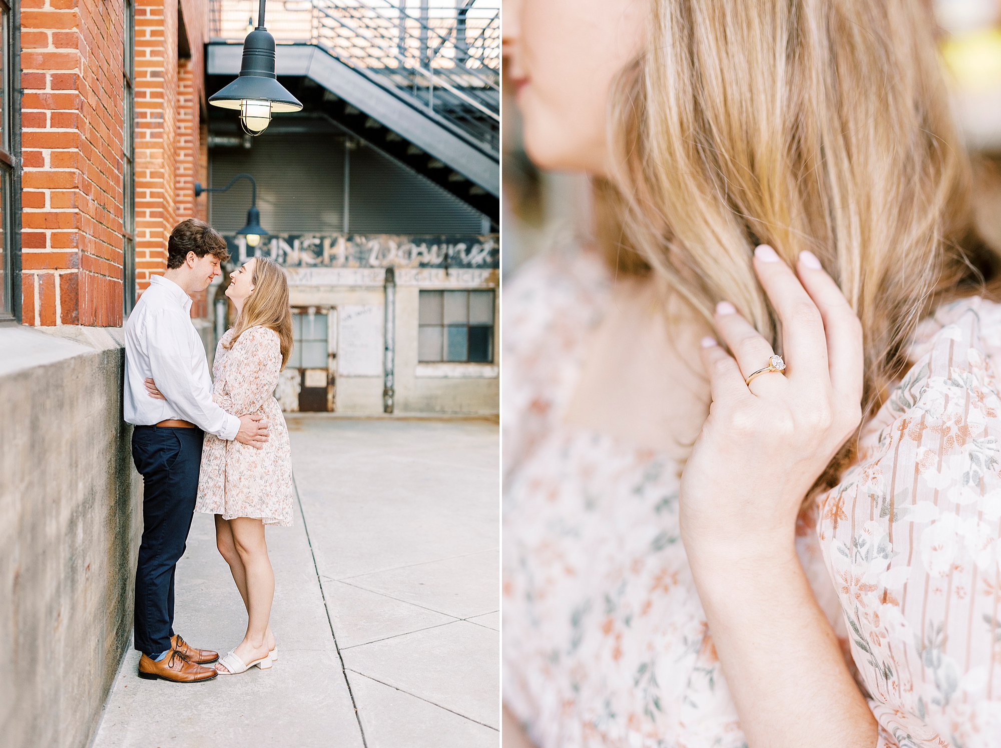 woman pushes hair off shoulder showing off engagement ring