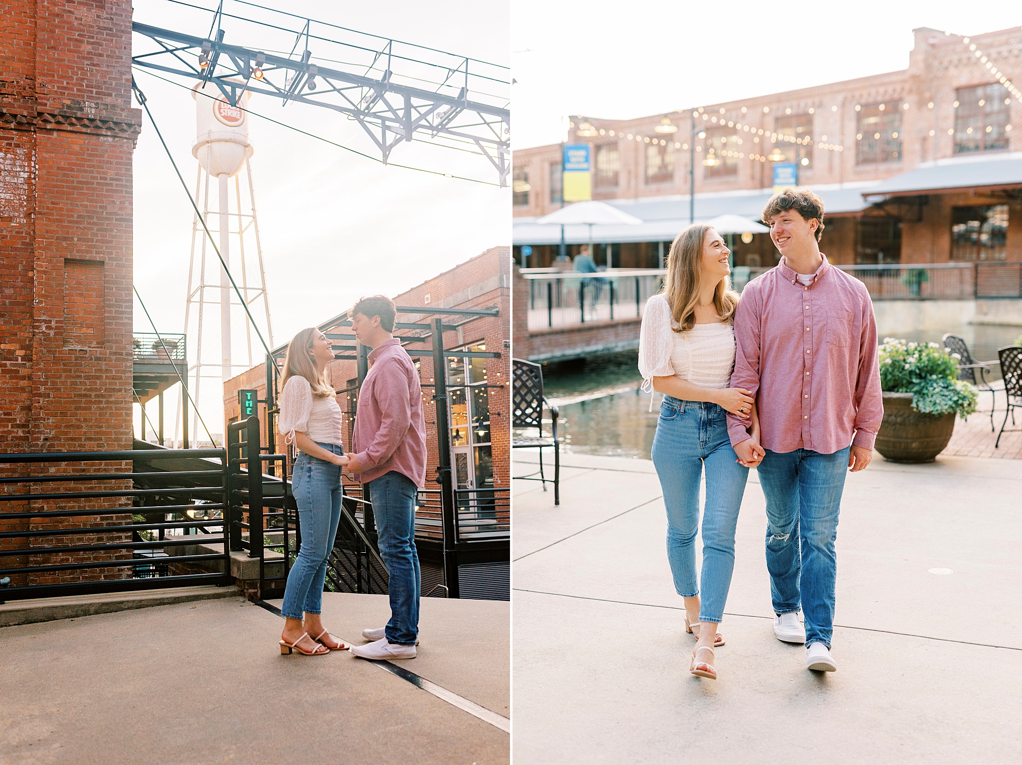 engaged couple walks through the American Tobacco Campus
